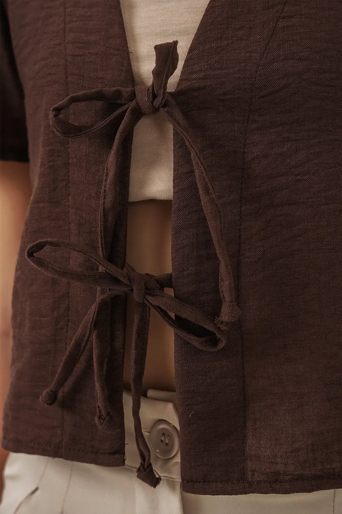 Kadın Kısa Kol Crop Bluz 958 - Kahverengi