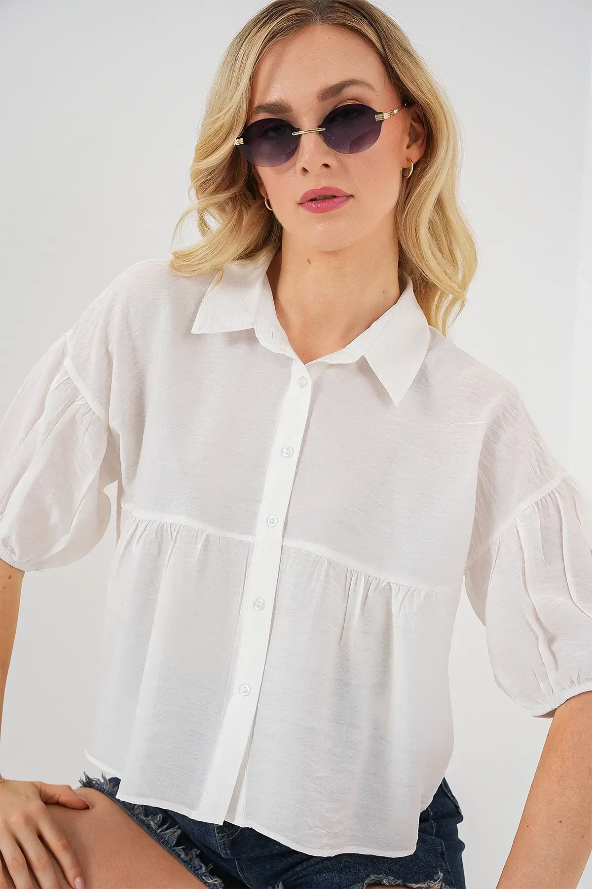 Kadın Kısa Kol Crop Gömlek 20335 - Beyaz