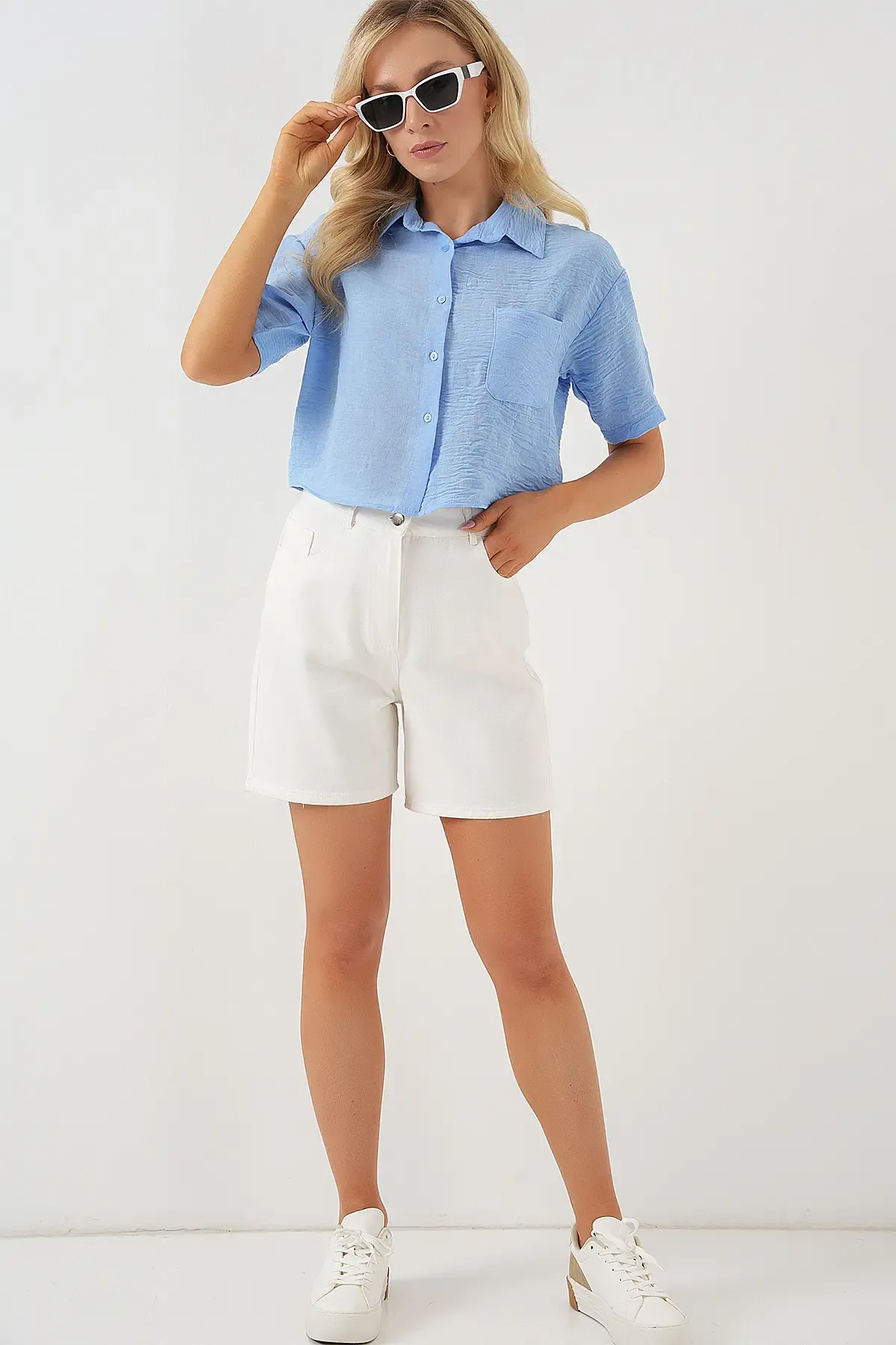 Kadın Kısa Kol Crop Gömlek 20341 - Mavi