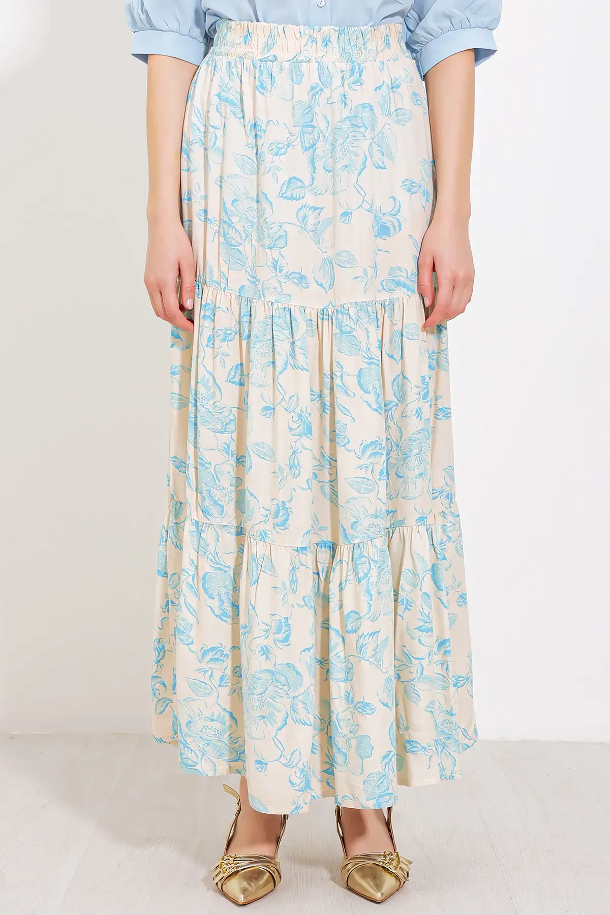 Kadın Krem Mavi Desenli Uzun Viskon Etek 1898