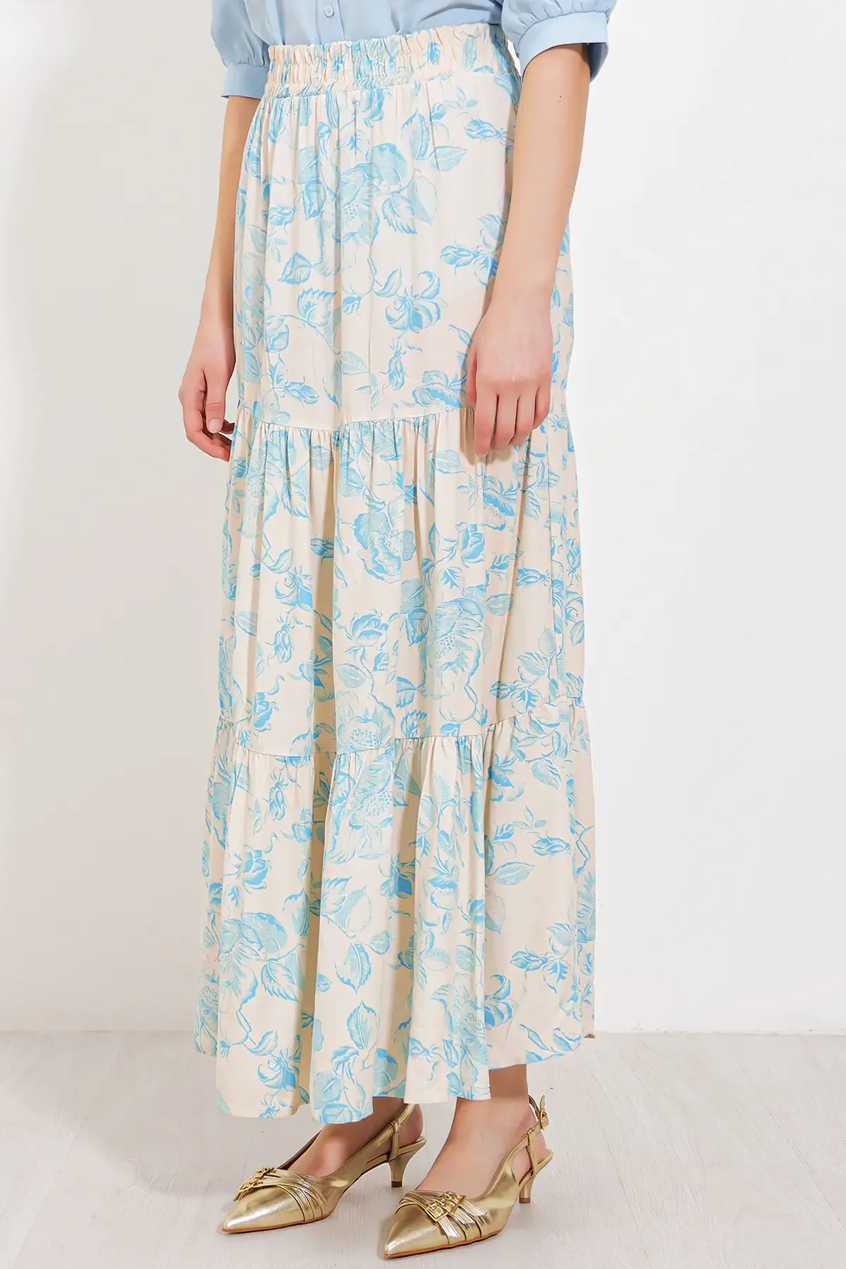Kadın Krem Mavi Desenli Uzun Viskon Etek 1898