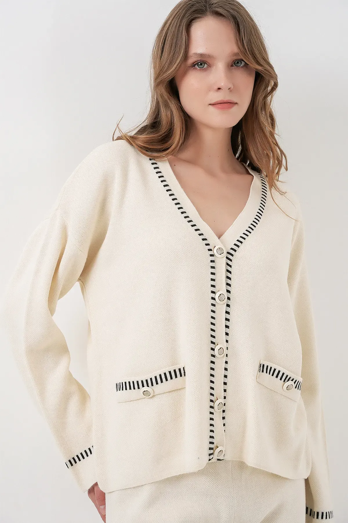 Kadın Nakışlı Triko Hırka Pantolon İkili Takım 15963 - Ekru