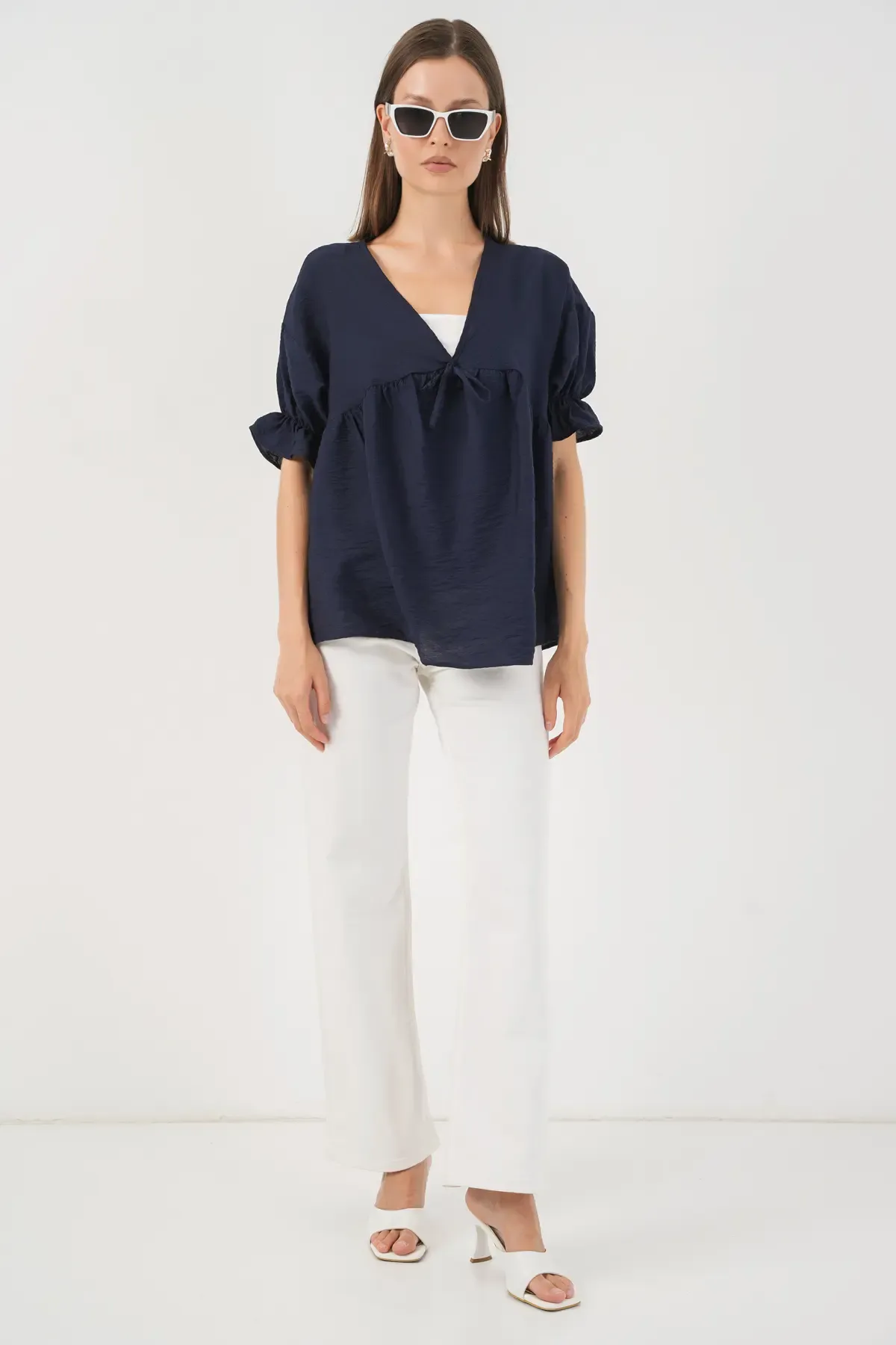 Kadın Önü Bağcıklı Kısa Kol Bluz 962 - Lacivert