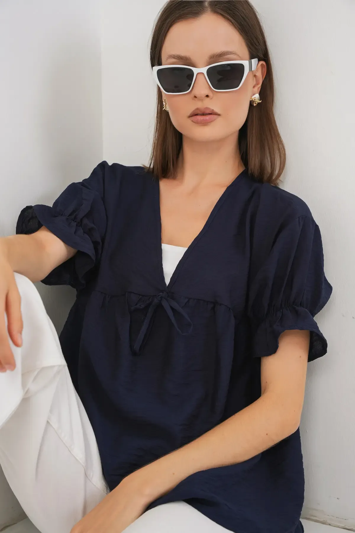 Kadın Önü Bağcıklı Kısa Kol Bluz 962 - Lacivert