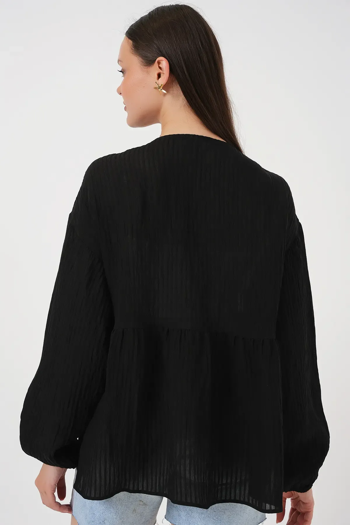 Kadın Önü Bağcıklı Uzun Kol Bluz 946 - Siyah