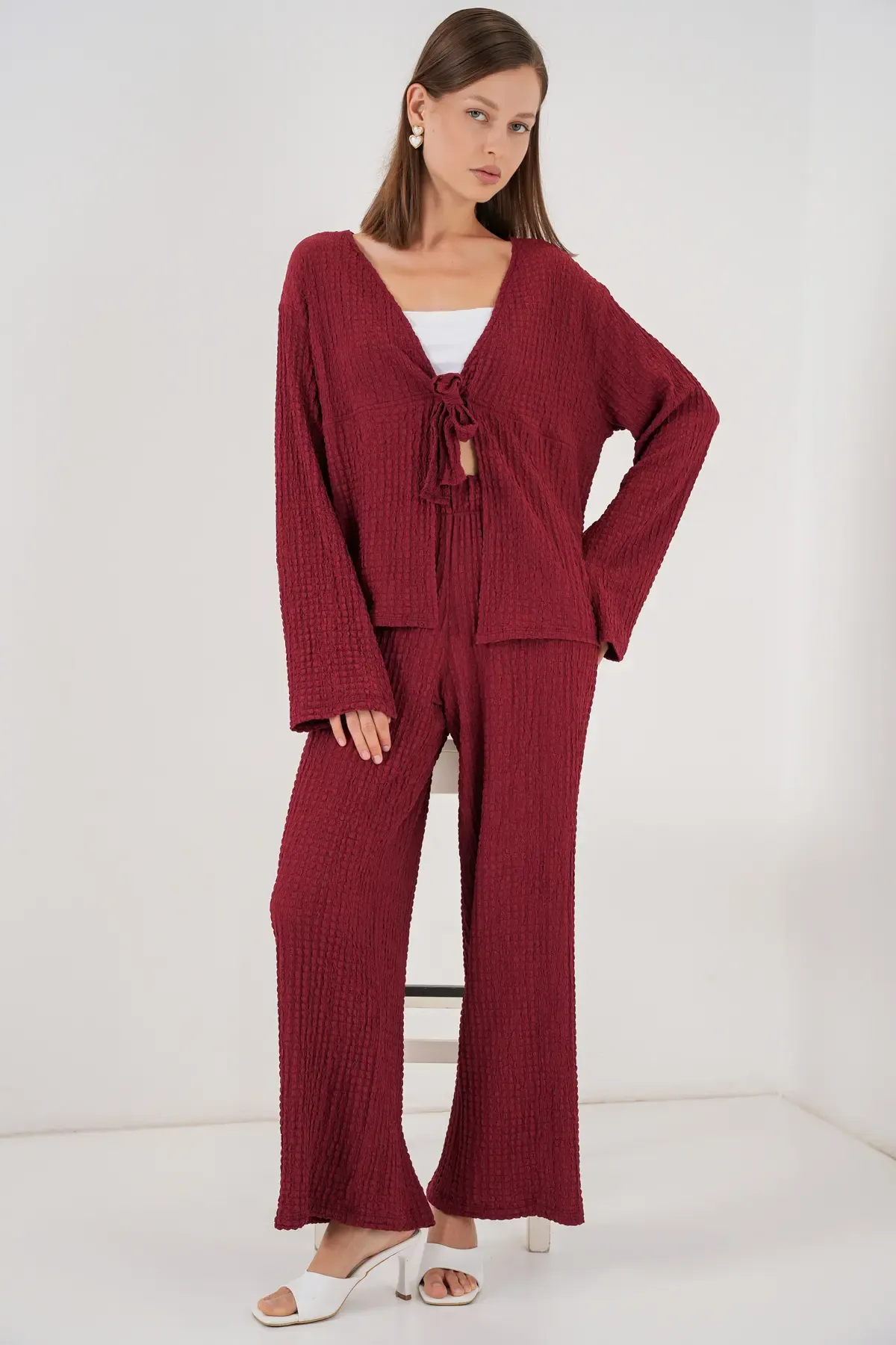 Kadın Örme Bluz Pantolon İkili Takım 30052 - Bordo