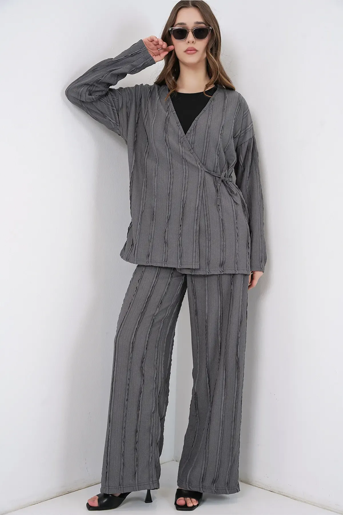 Kadın Örme Kimono Pantolon İkili Takım 30067 - Gri