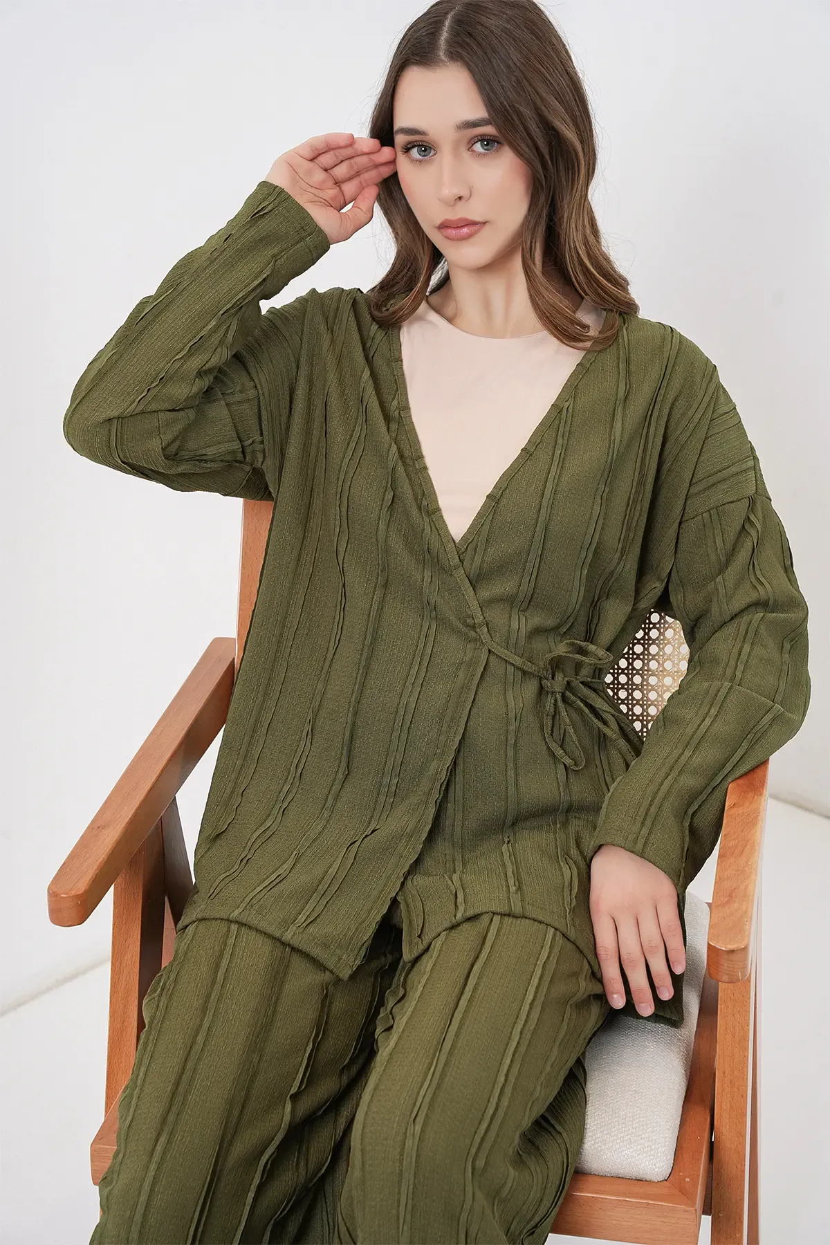 Kadın Örme Kimono Pantolon İkili Takım 30067 - Haki