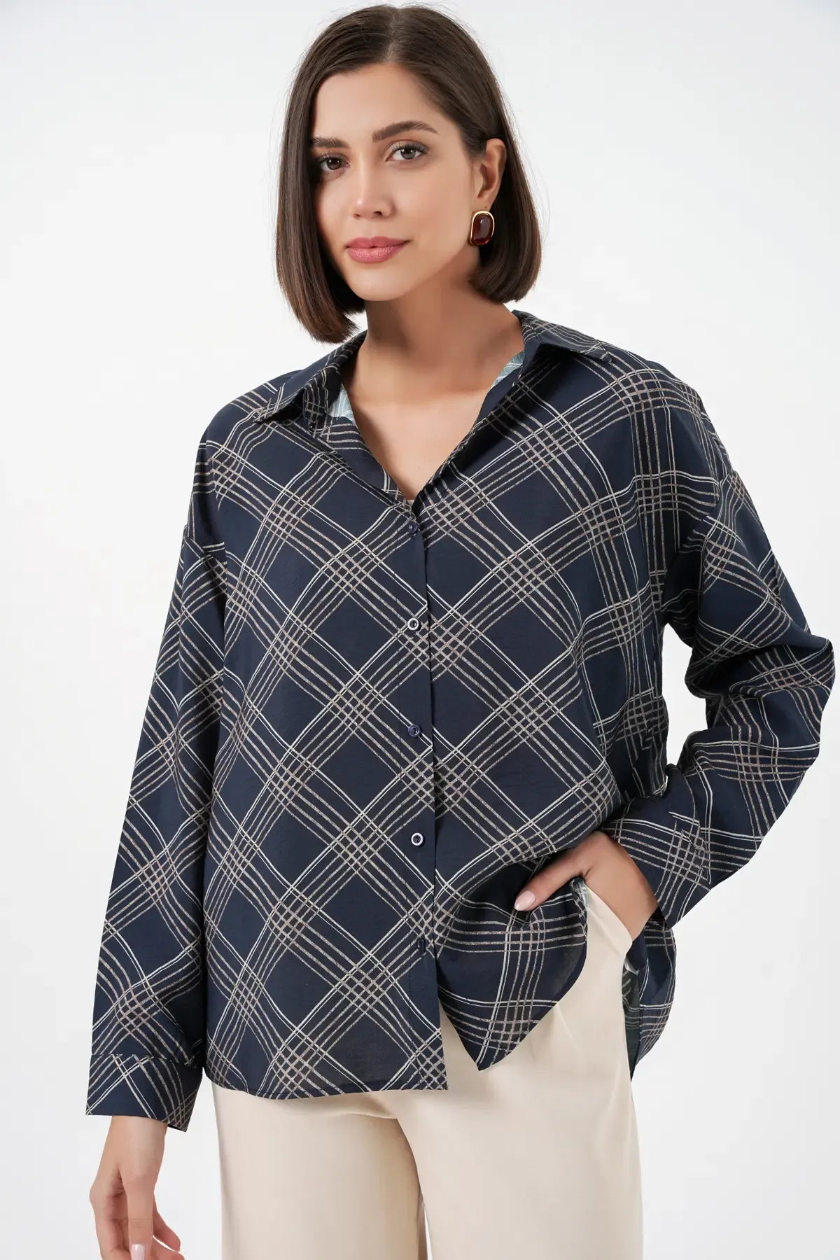 Kadın Oversize Desenli Gömlek 20372 - Lacivert