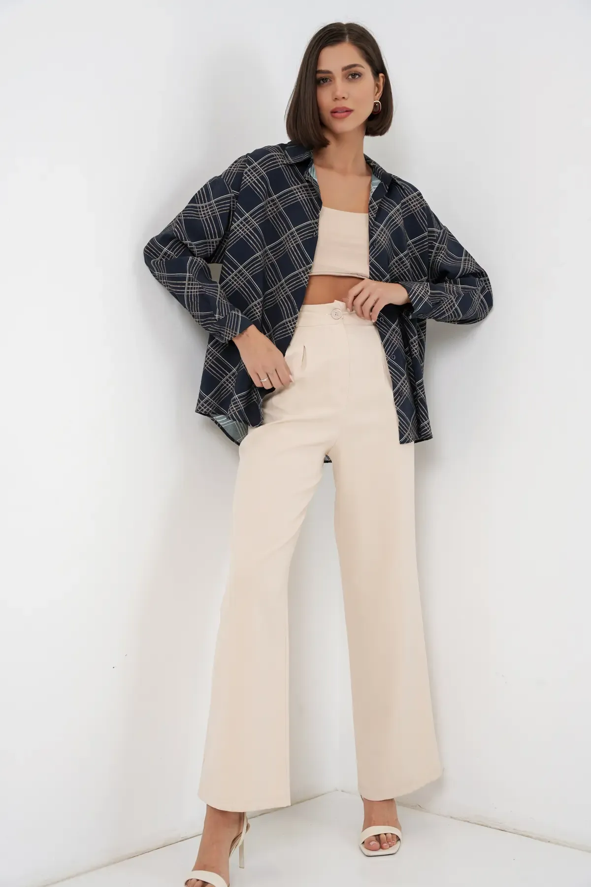 Kadın Oversize Desenli Gömlek 20372 - Lacivert