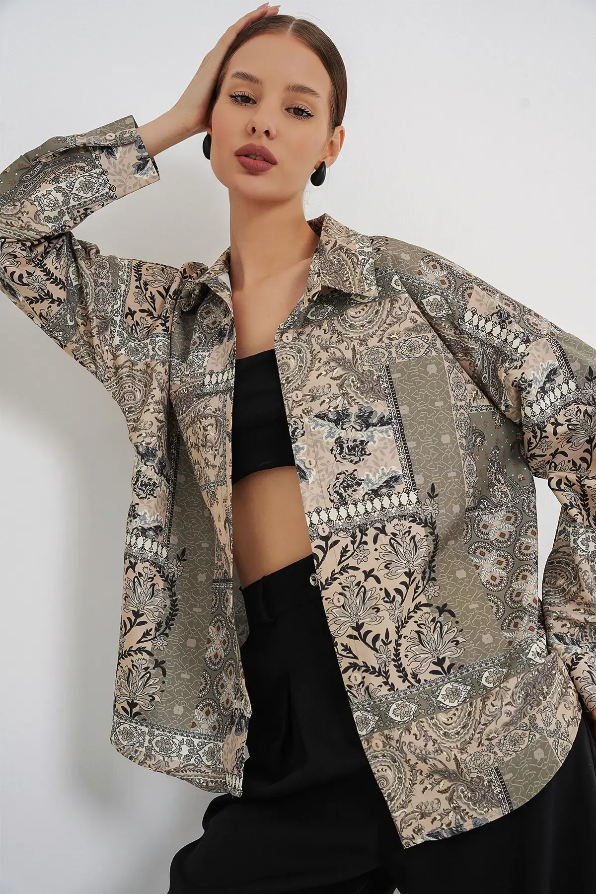 Kadın Oversize Desenli Saten Gömlek 20365 - Çağla