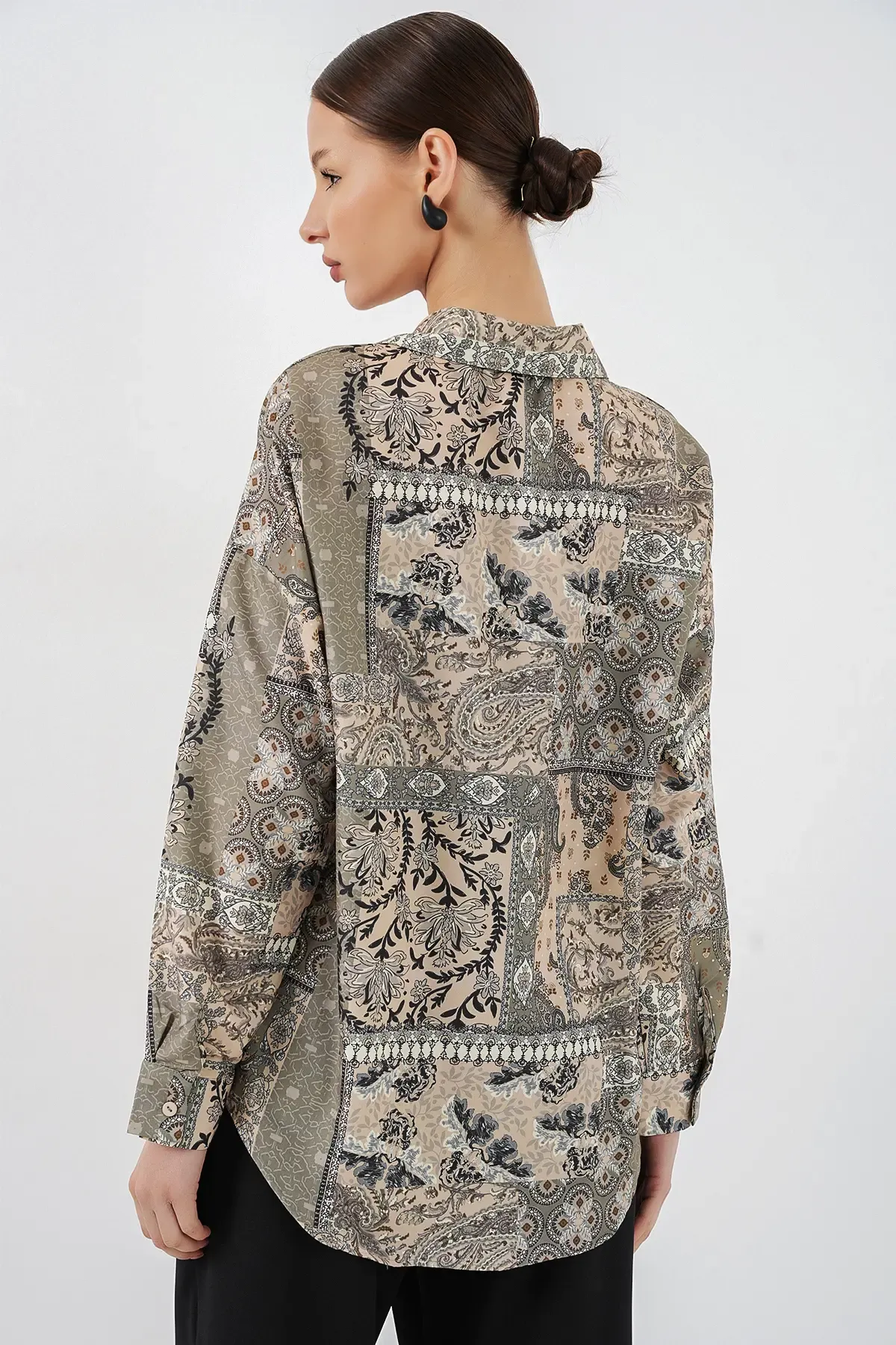 Kadın Oversize Desenli Saten Gömlek 20365 - Çağla
