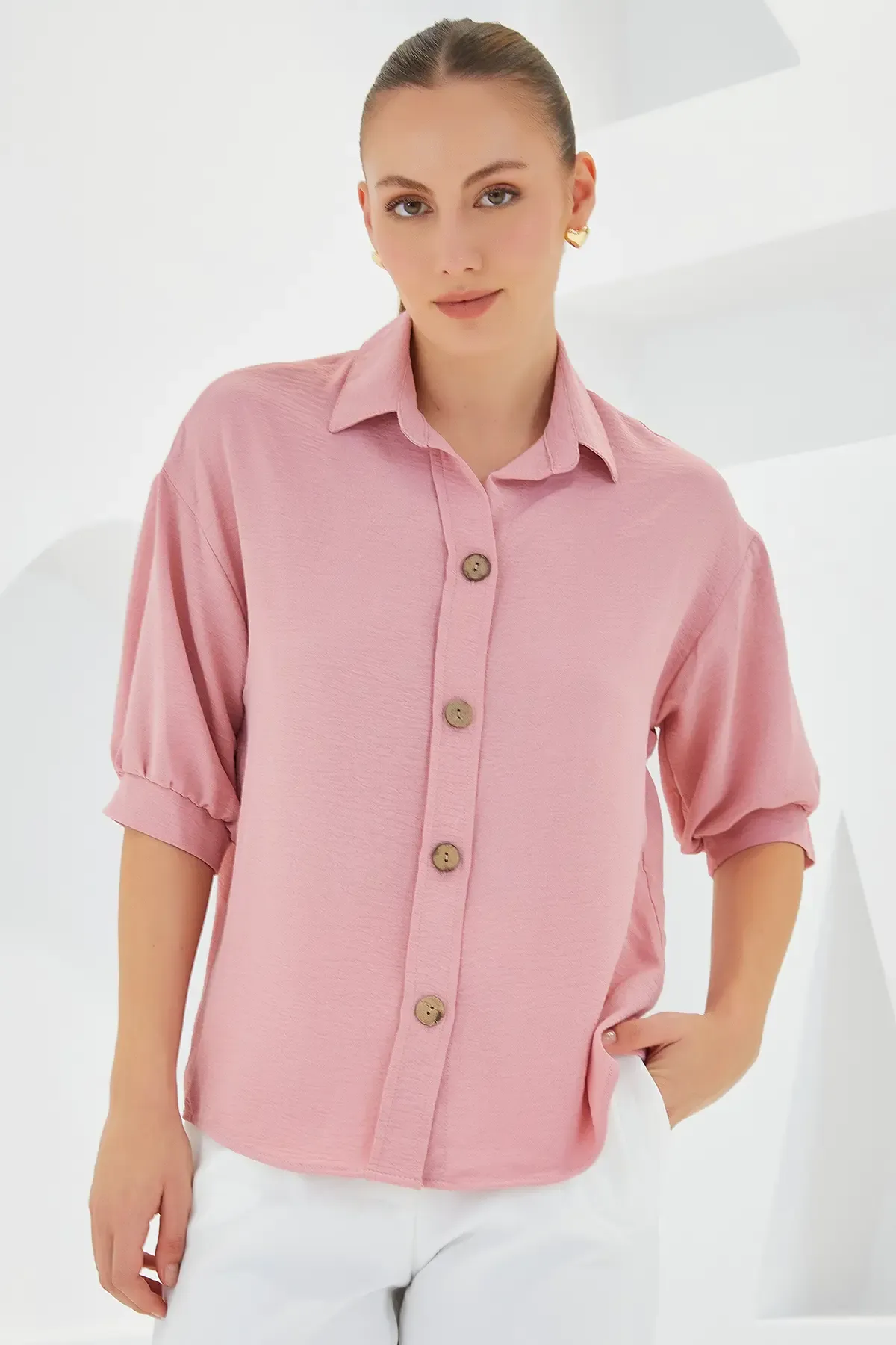 Kadın Pembe Kısa Kol Oversize Keten Gömlek 20240