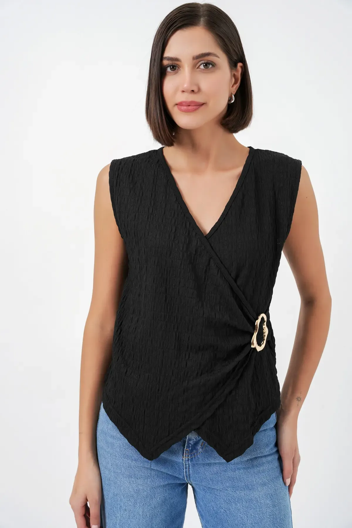 Kadın Sıfır Kol Örme Bluz 988 - Siyah