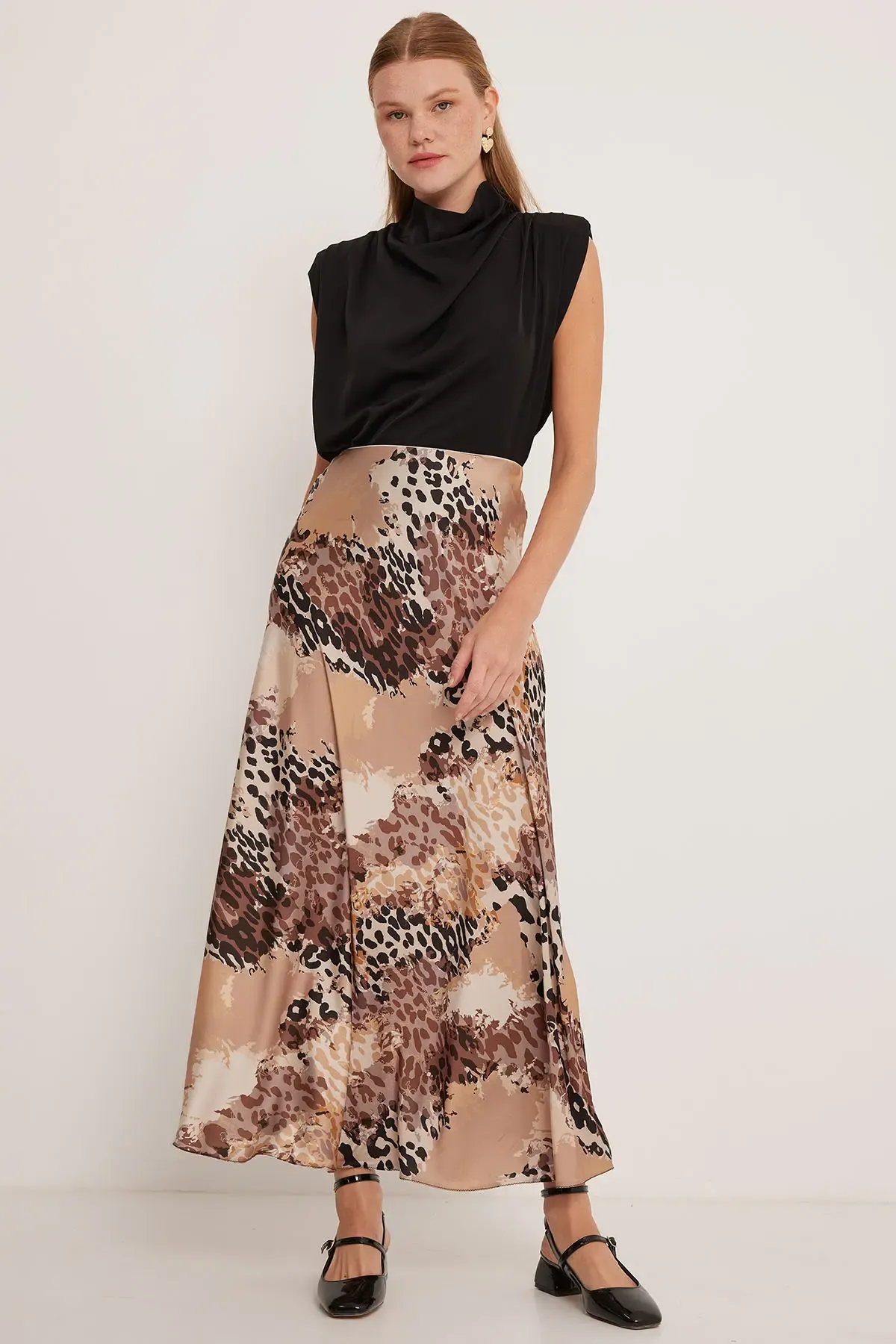 Kadın Sütlü Kahve Desenli Saten Etek 15877