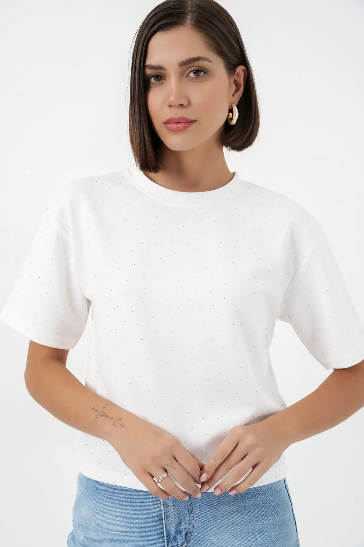 Kadın Taş Detaylı Tişört 990 - Beyaz
