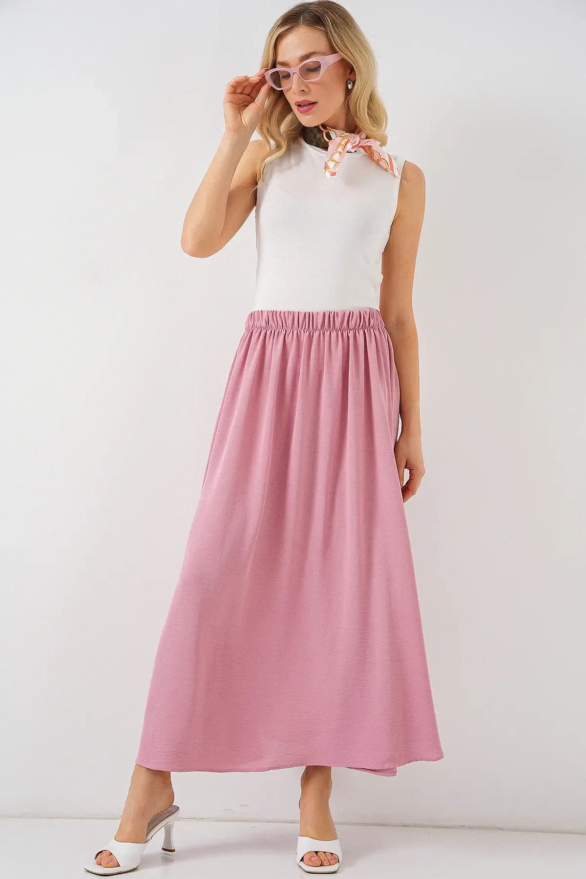 Kadın Uzun Ayrobin Etek 8050 - Pudra