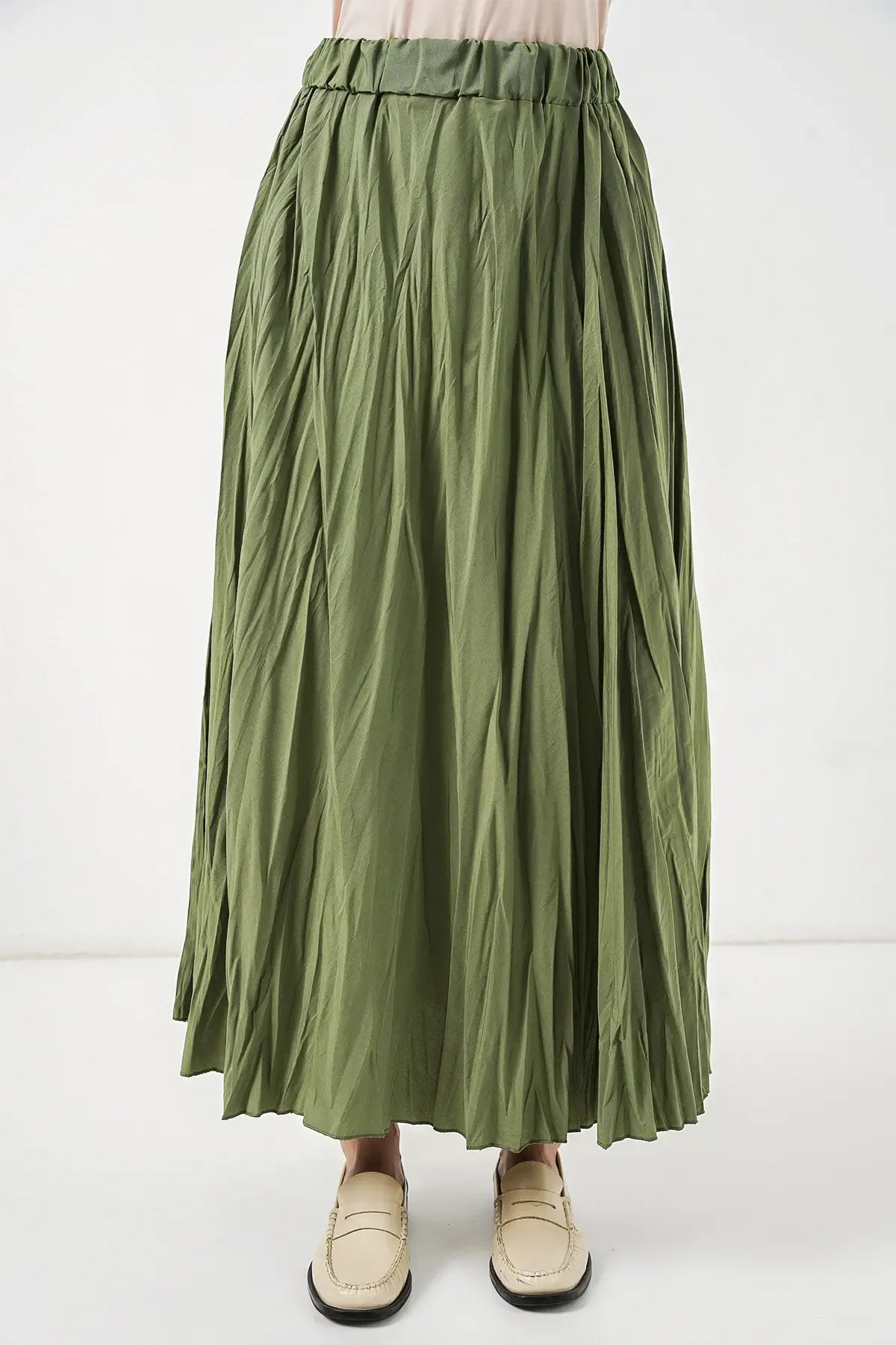 Kadın Uzun Kırışık Etek 8042 - A.Haki