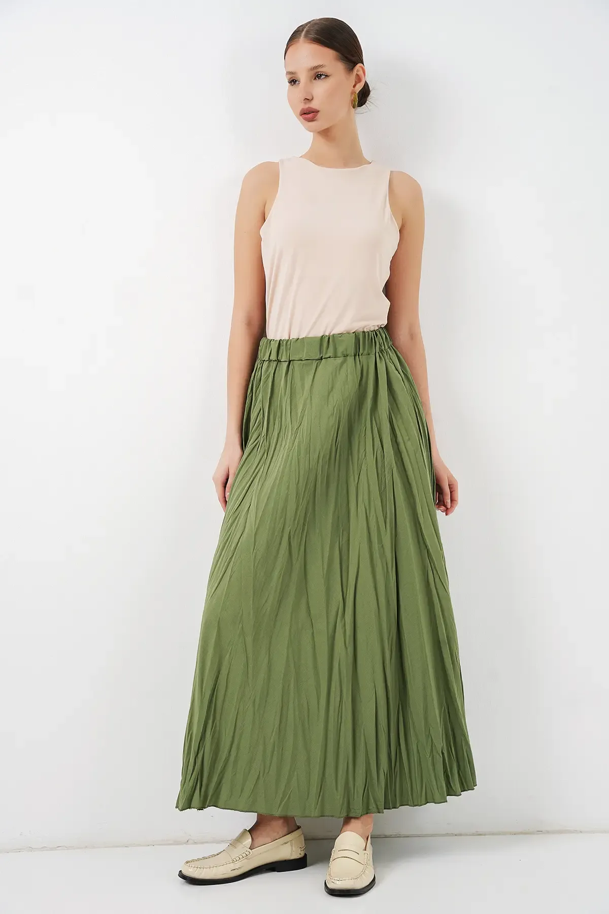 Kadın Uzun Kırışık Etek 8042 - A.Haki