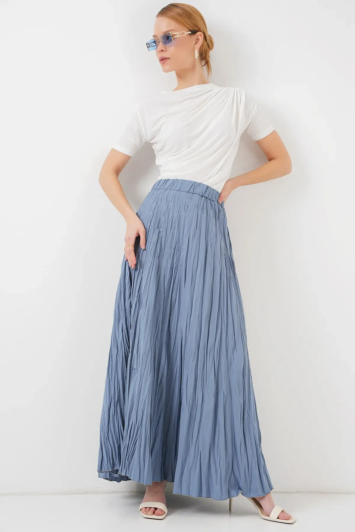 Kadın Uzun Kırışık Etek 8042 - İndigo