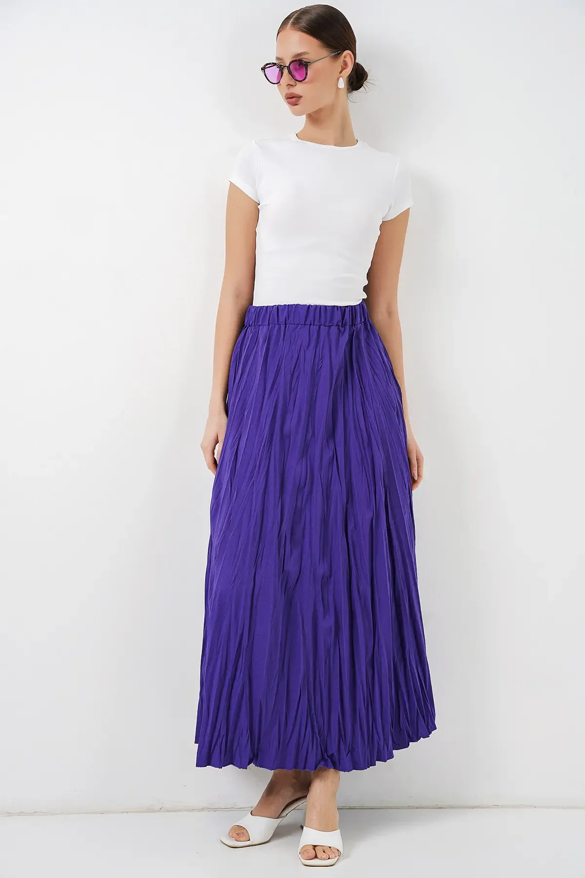 Kadın Uzun Kırışık Etek 8042 - Mor