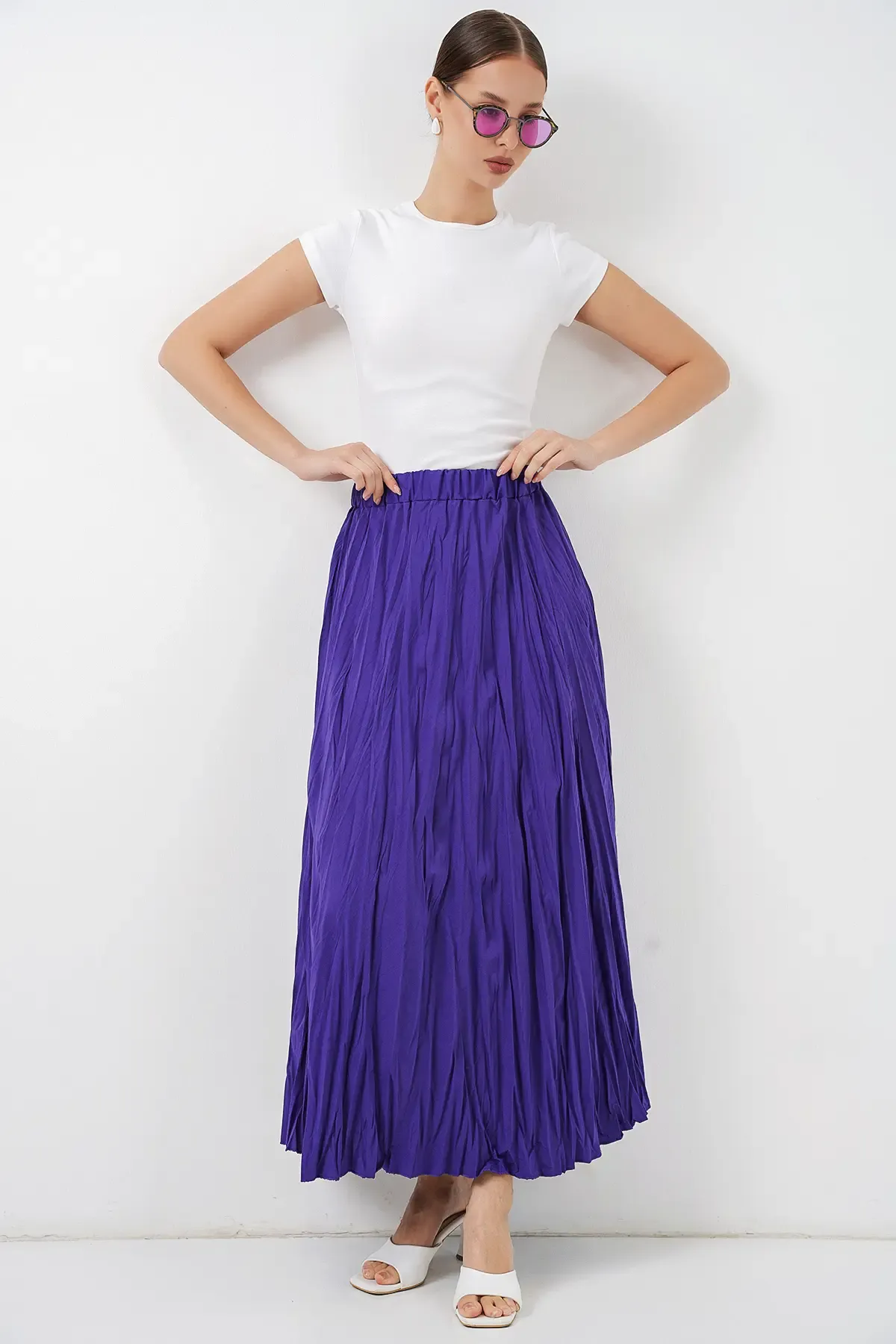 Kadın Uzun Kırışık Etek 8042 - Mor