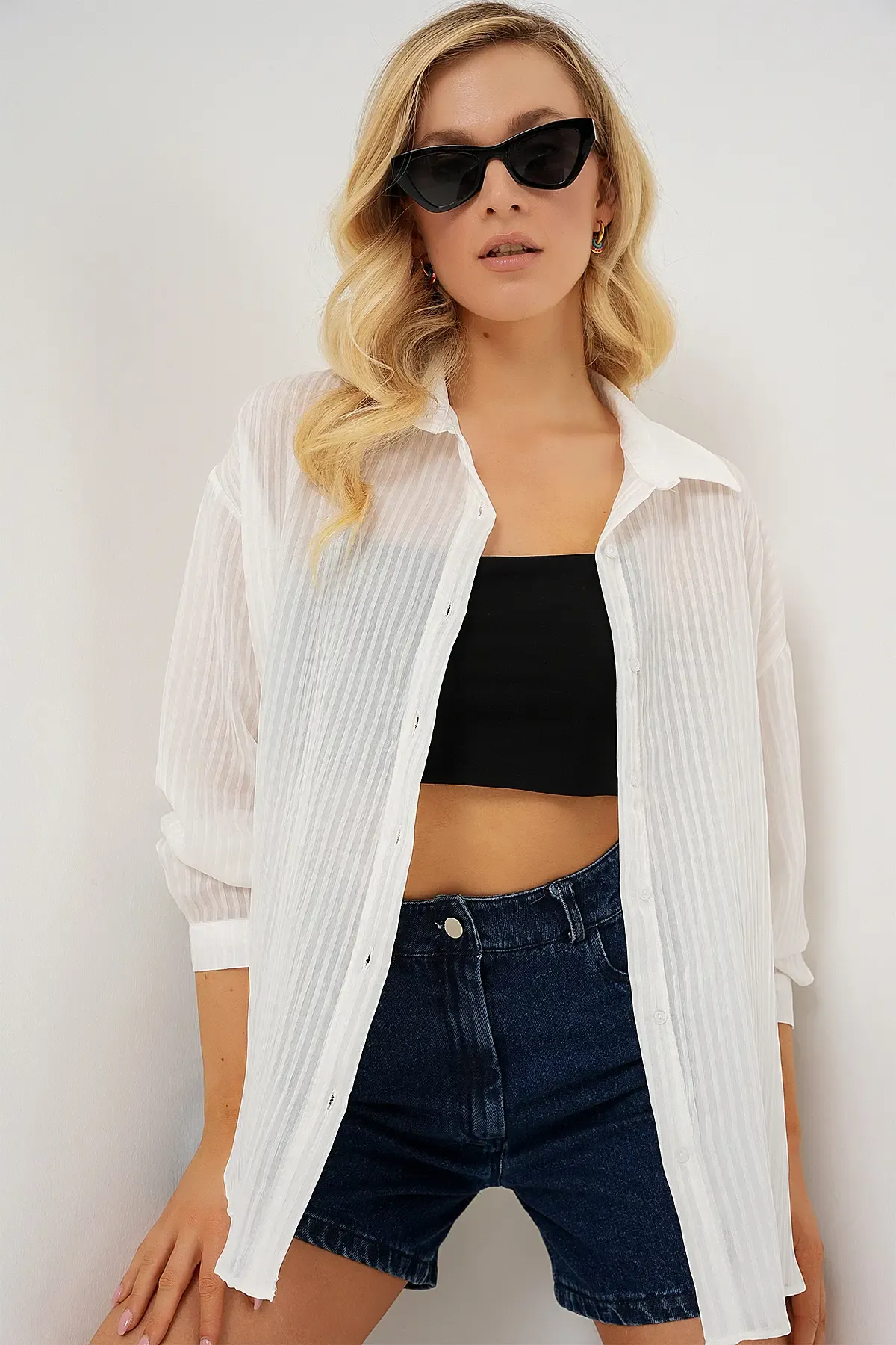 Kadın Uzun Oversize Gömlek 20320 - Beyaz