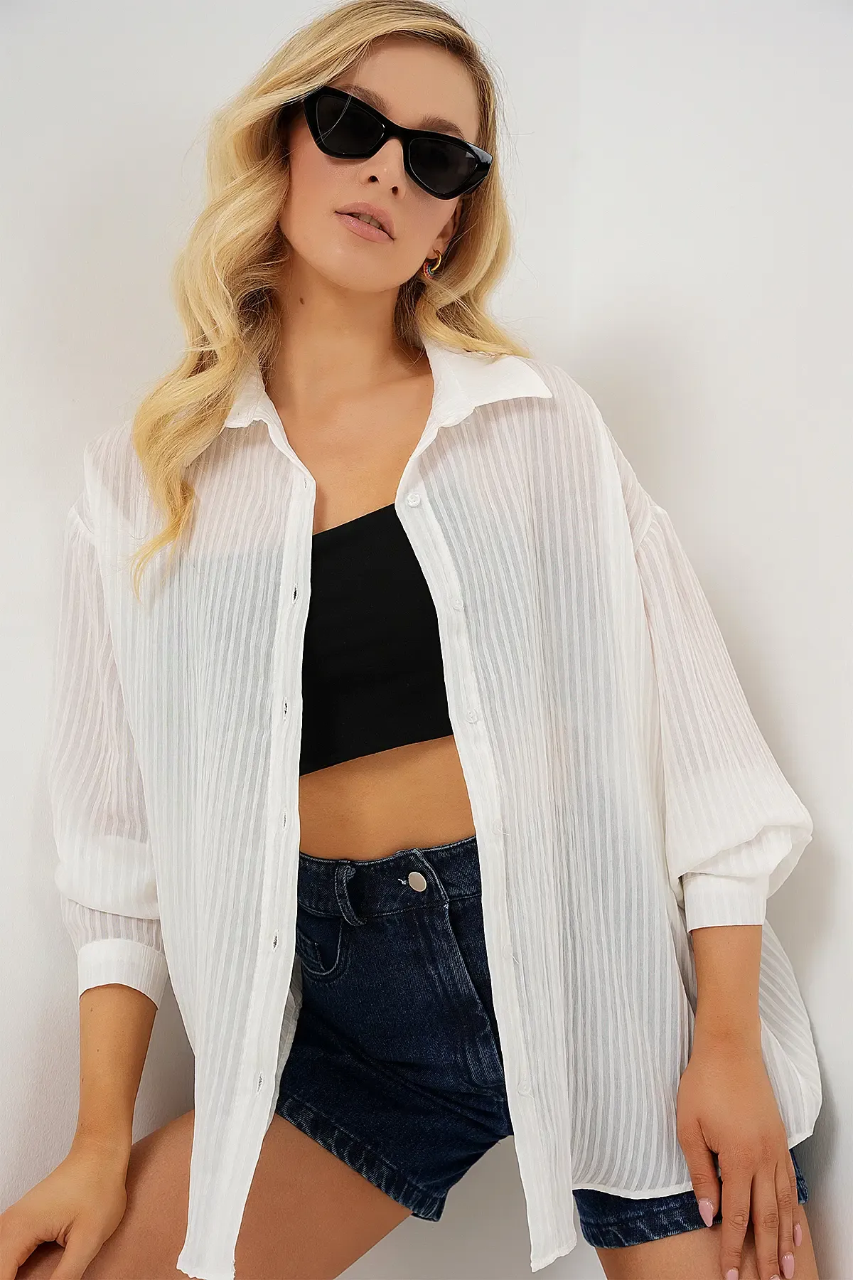 Kadın Uzun Oversize Gömlek 20320 - Beyaz