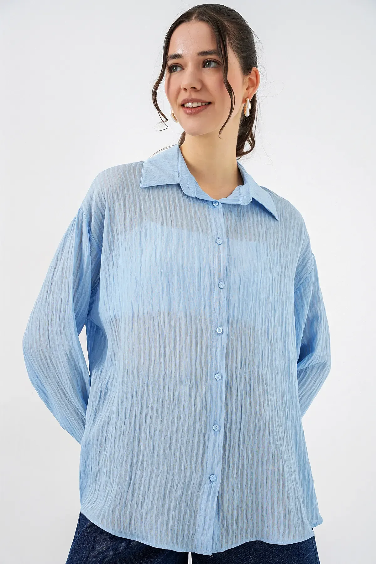 Kadın Uzun Oversize Gömlek 20320 - Mavi