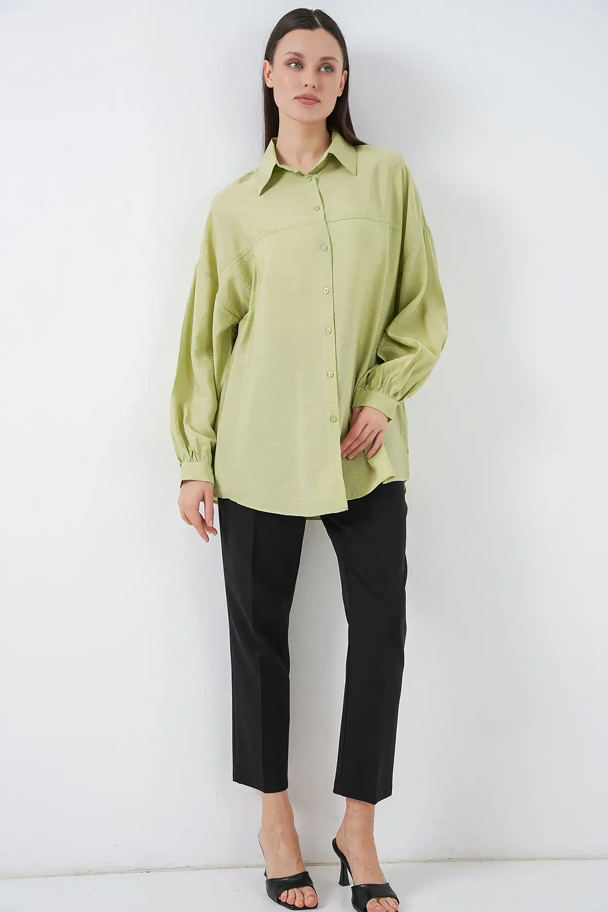 Kadın Uzun Oversize Gömlek 5965 - E.Yeşil