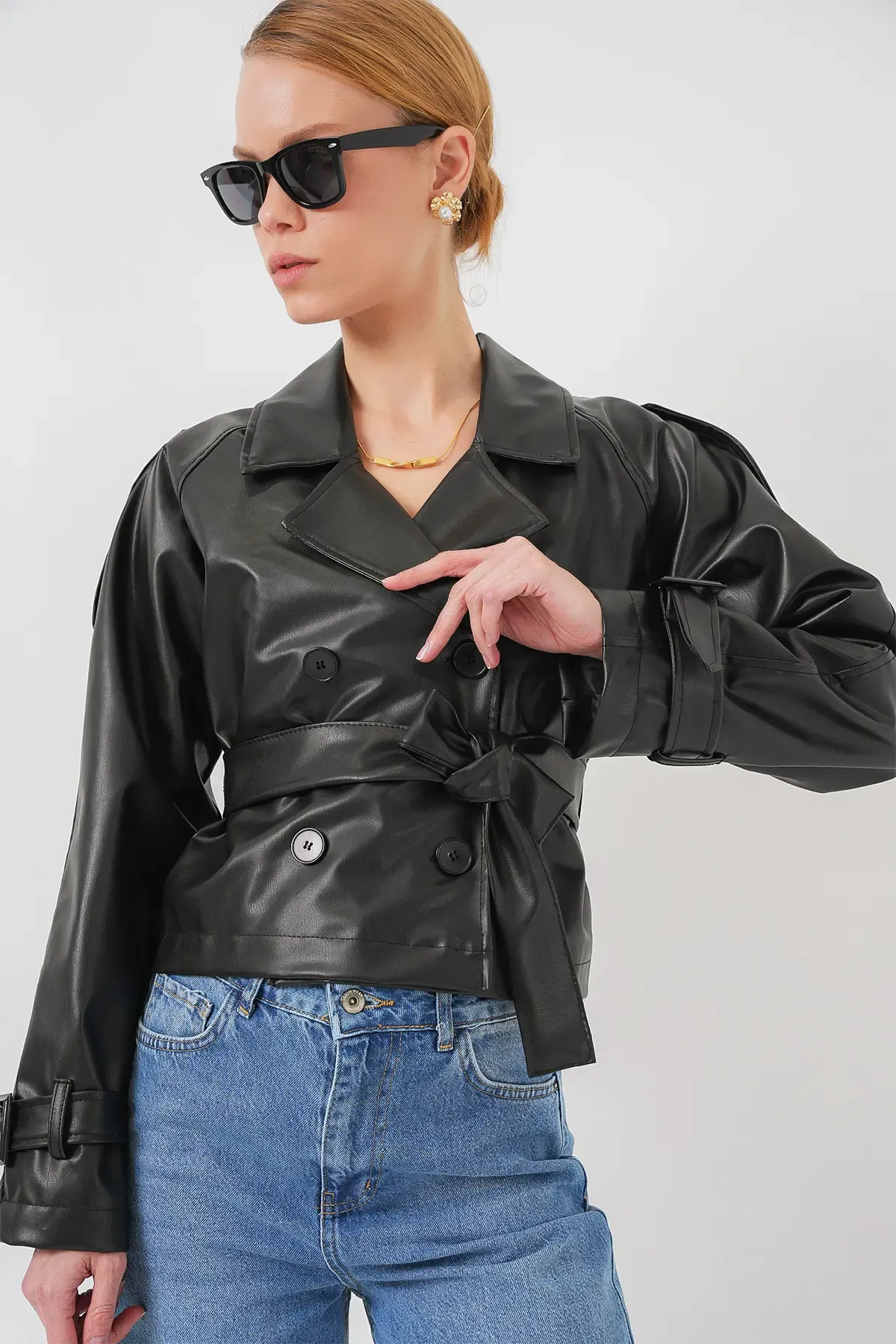 Kemerli Siyah Suni Deri Ceket 0698