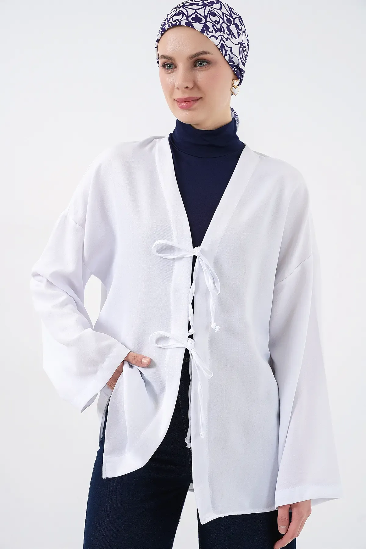 Keten Tesettür Kimono 5968 - Beyaz