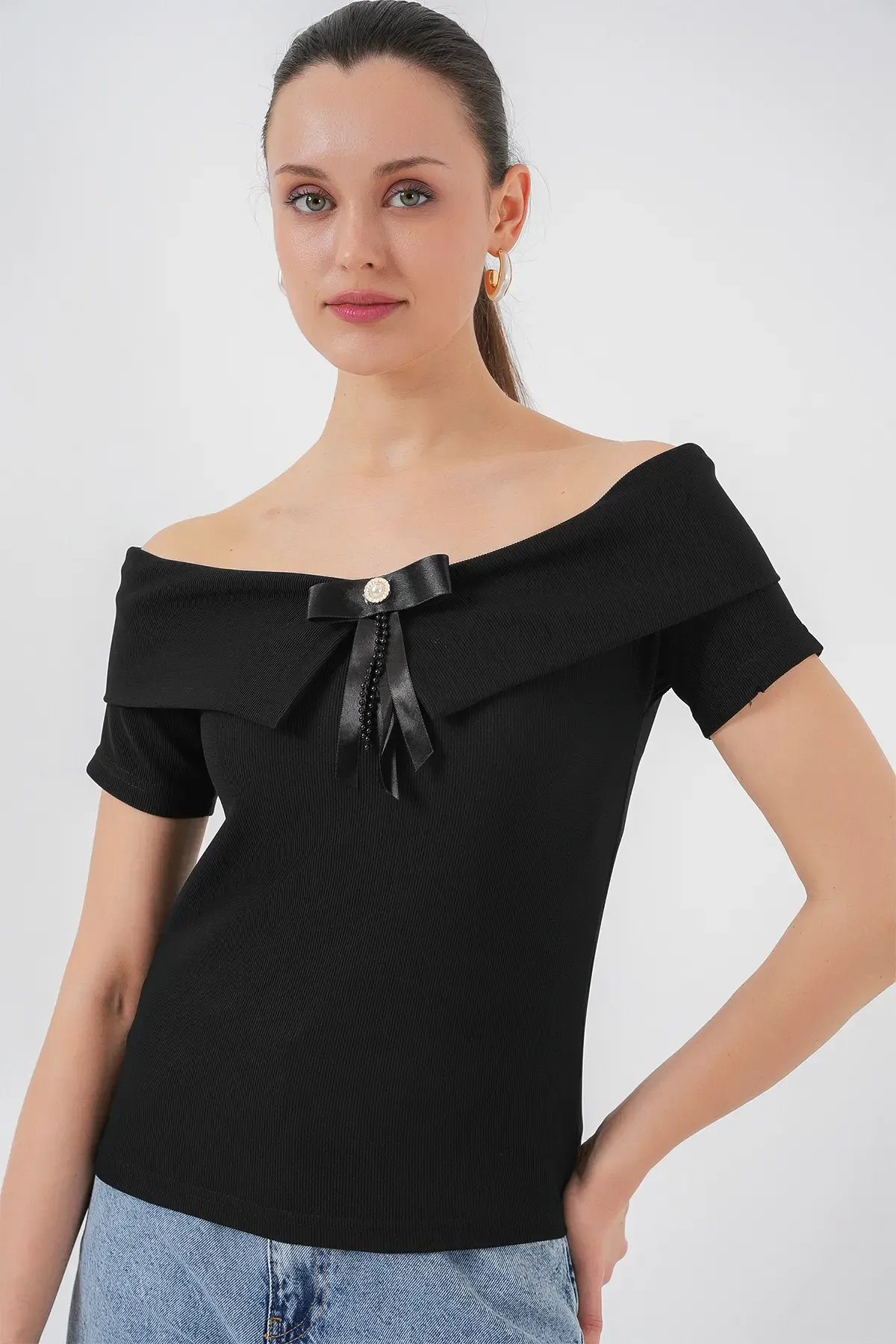 Kurdele Detaylı Örme Bluz 949 - Siyah