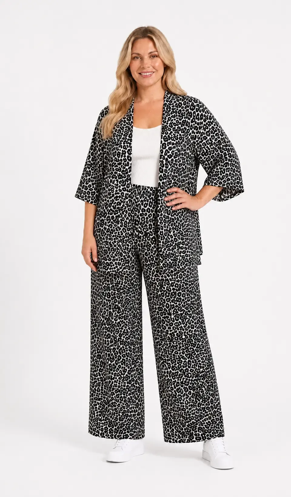 Kadın Büyük Beden Leopar Desenli Bej Kimono Takım HZL26S-PR10181