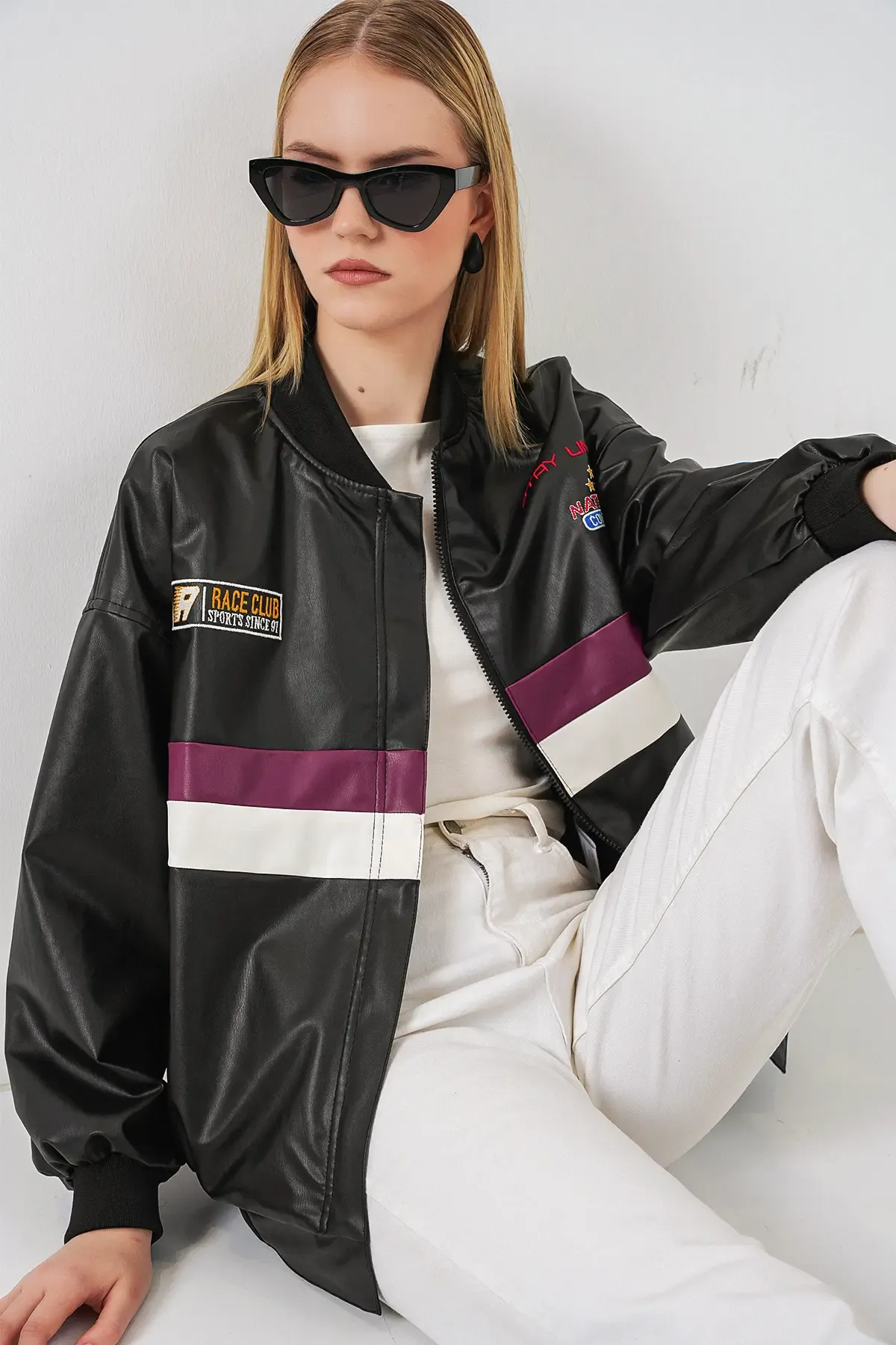 0698 Baskılı Suni Deri Bomber Ceket - Bordo