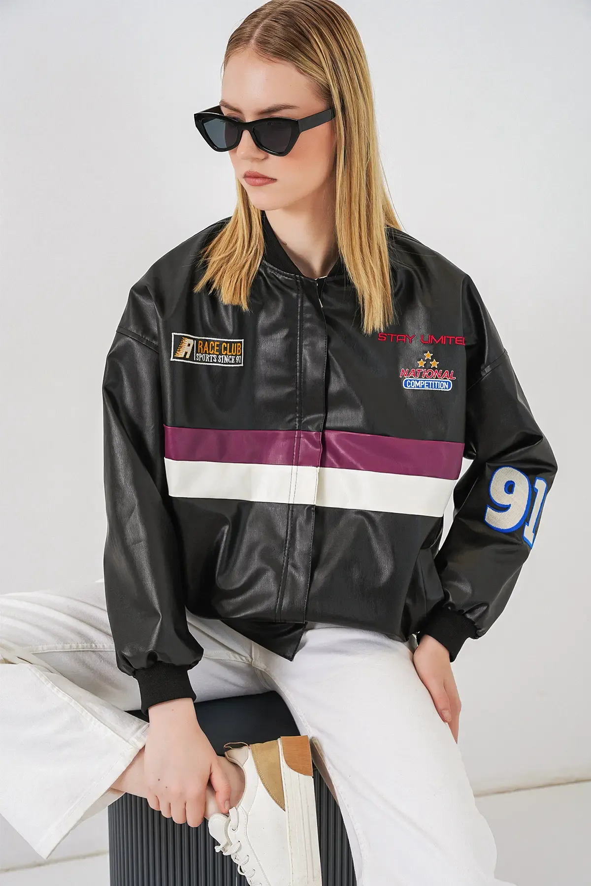 0698 Baskılı Suni Deri Bomber Ceket - Bordo
