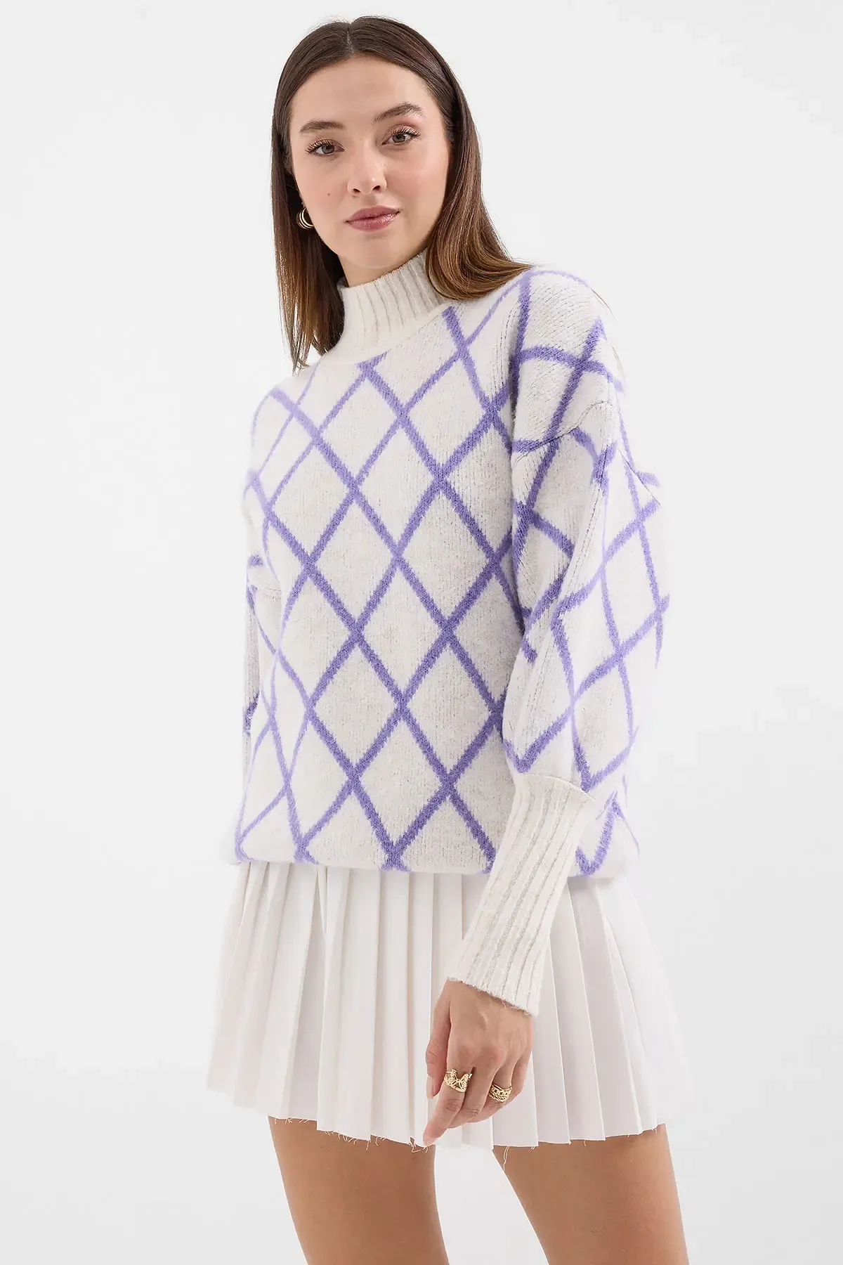 15889 Balıkçı Yaka Oversize Triko Kazak - Lila