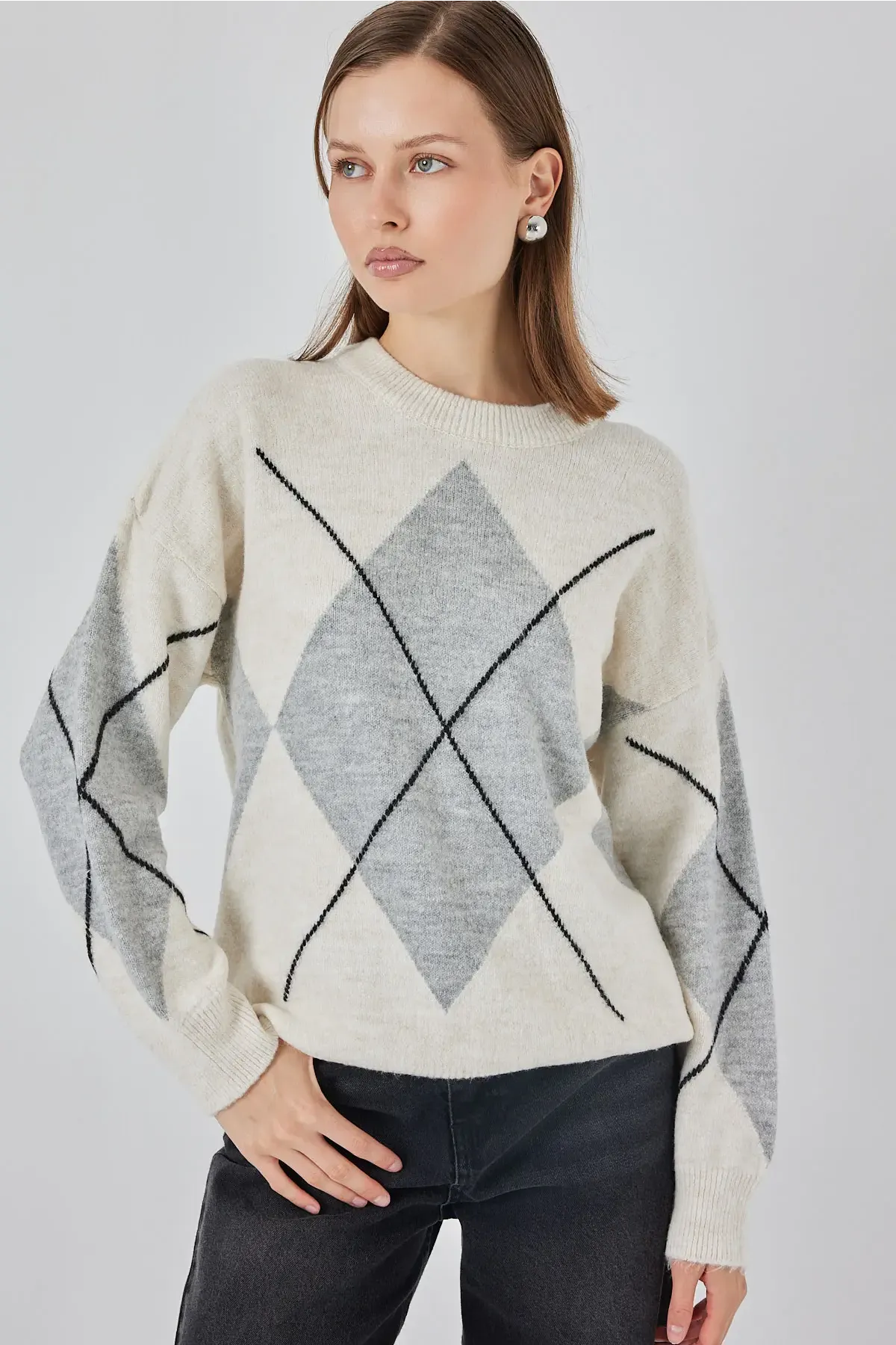 15895 Baklava Desenli Oversize Triko Kazak - M. Krem