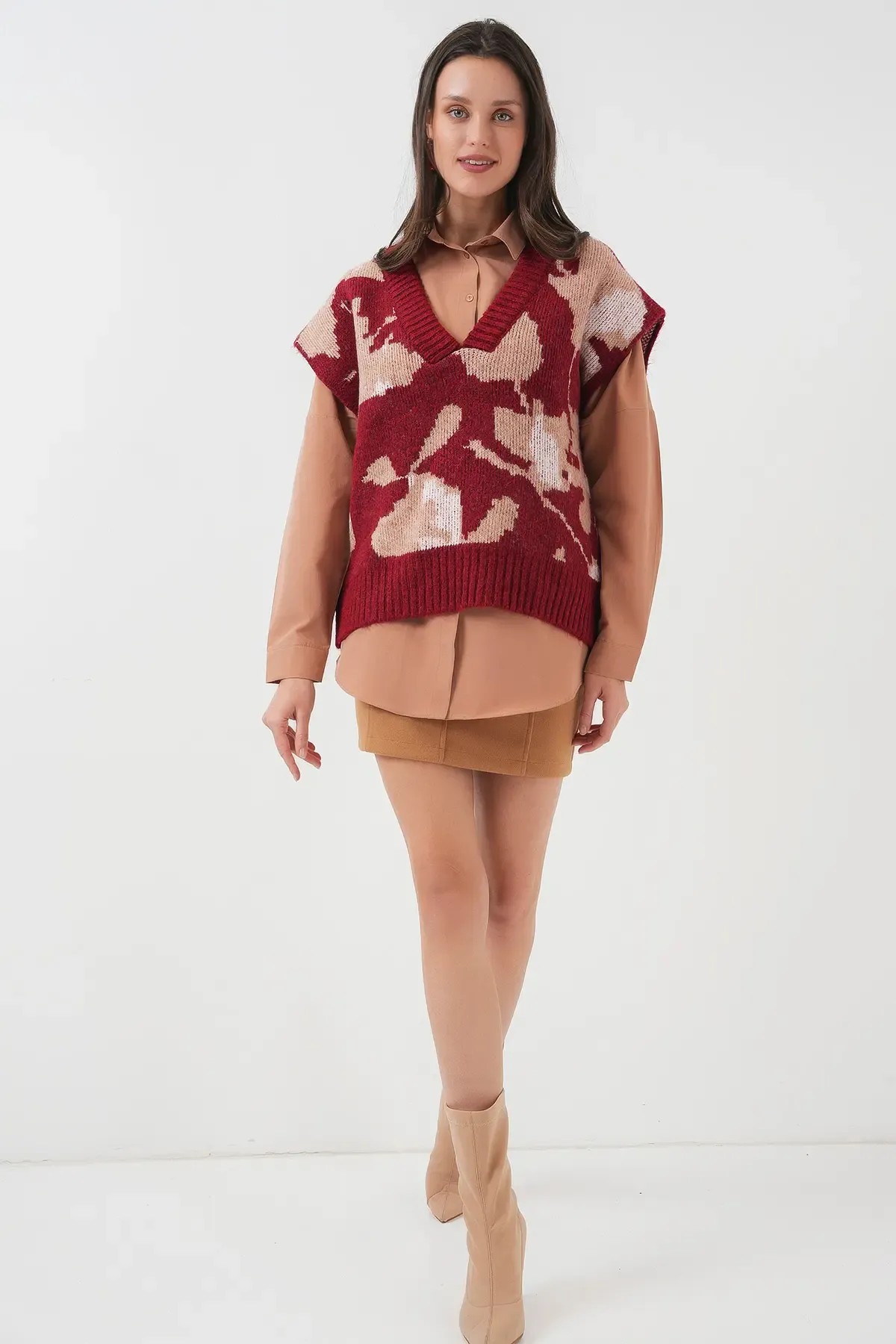 15923 Kadın Oversize Triko Süveter - Bordo