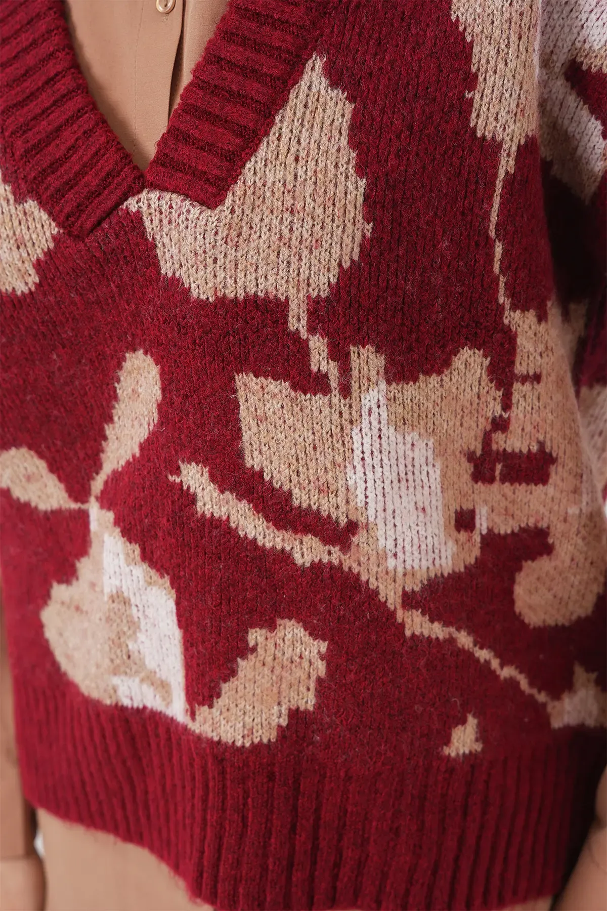 15923 Kadın Oversize Triko Süveter - Bordo