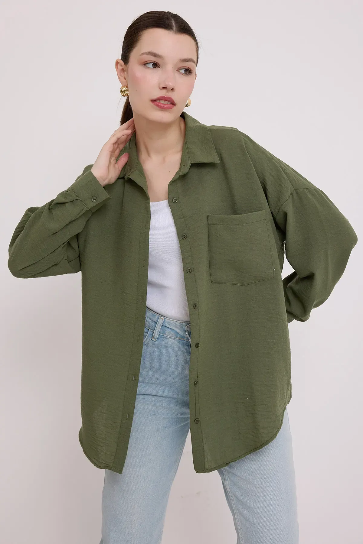 20153 Tek Cepli Oversize Keten Gömlek - Haki