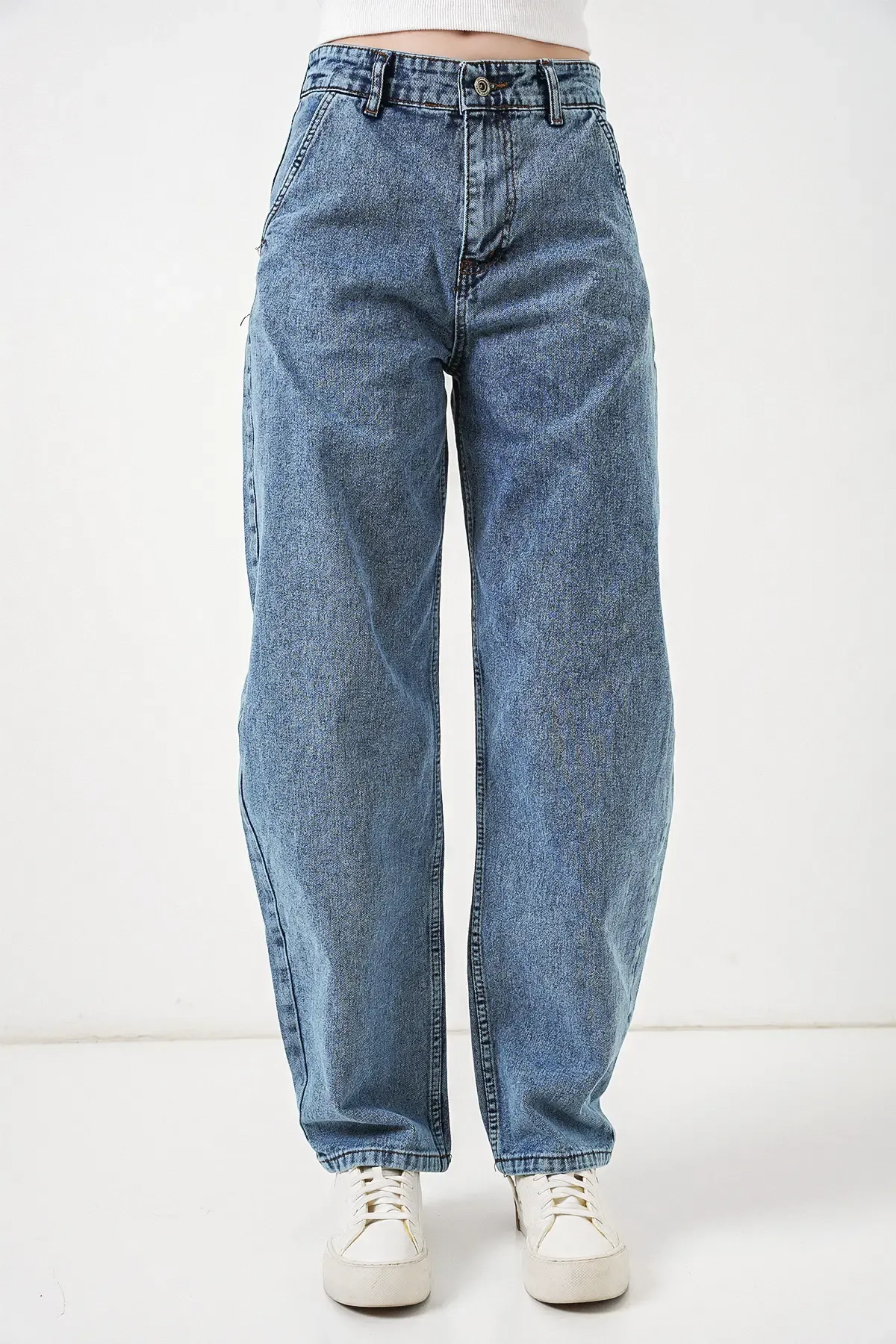 6689 Kadın Yüksek Bel Baggy Kot Pantolon - Mavi