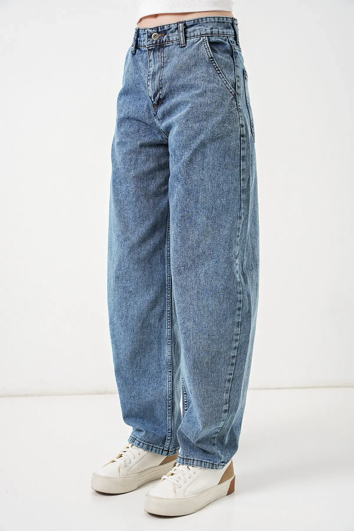 6689 Kadın Yüksek Bel Baggy Kot Pantolon - Mavi