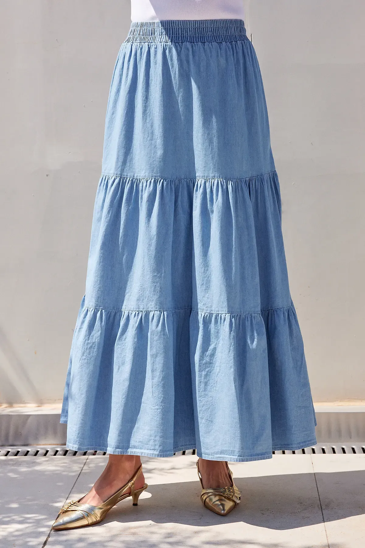 8022 Volanlı Uzun Kot Etek - Mavi
