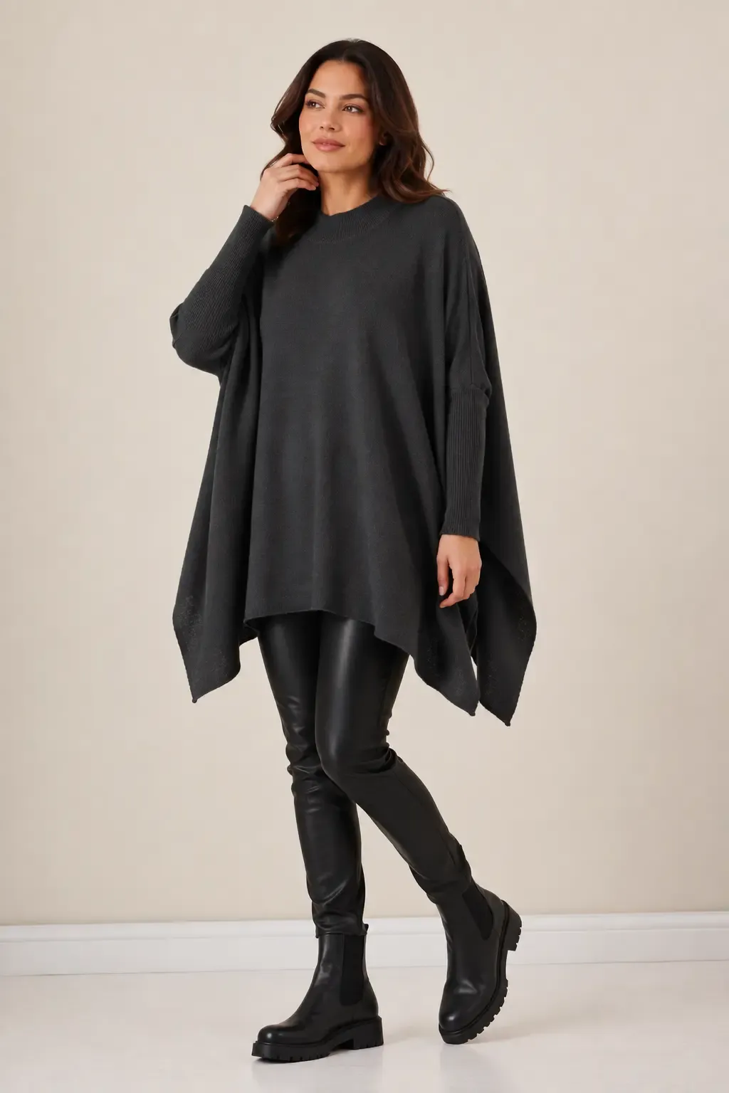 Kadın Antrasit Oversize Yırtmaçlı Panço Triko Kazak Hzl23w-bd1100761