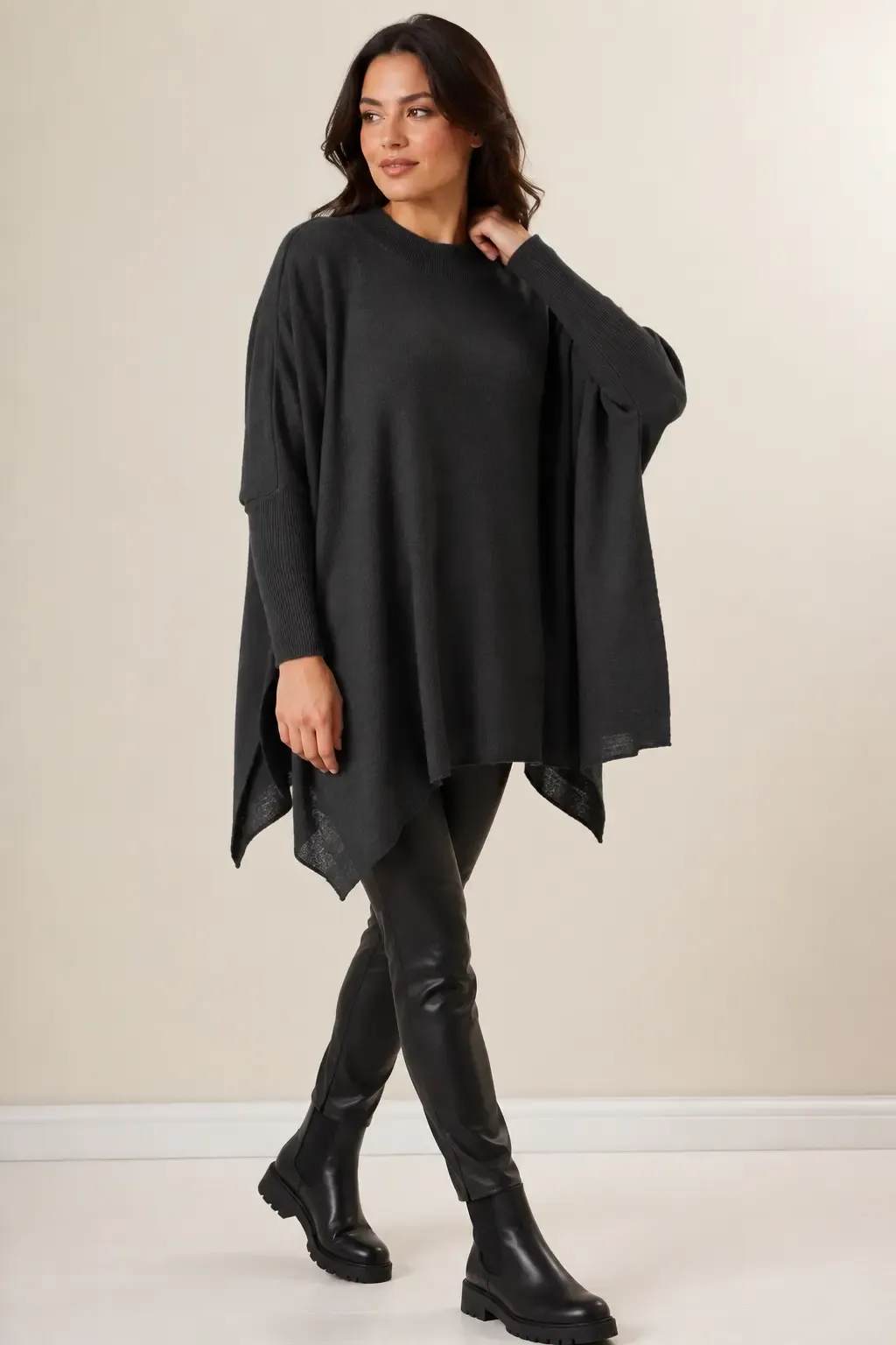 Kadın Antrasit Oversize Yırtmaçlı Panço Triko Kazak Hzl23w-bd1100761