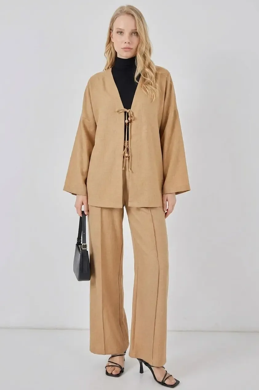 Kadın Bej Keten Bağlama Detaylı Kimono Pantolon İkili Takım HZL26S-BD167271