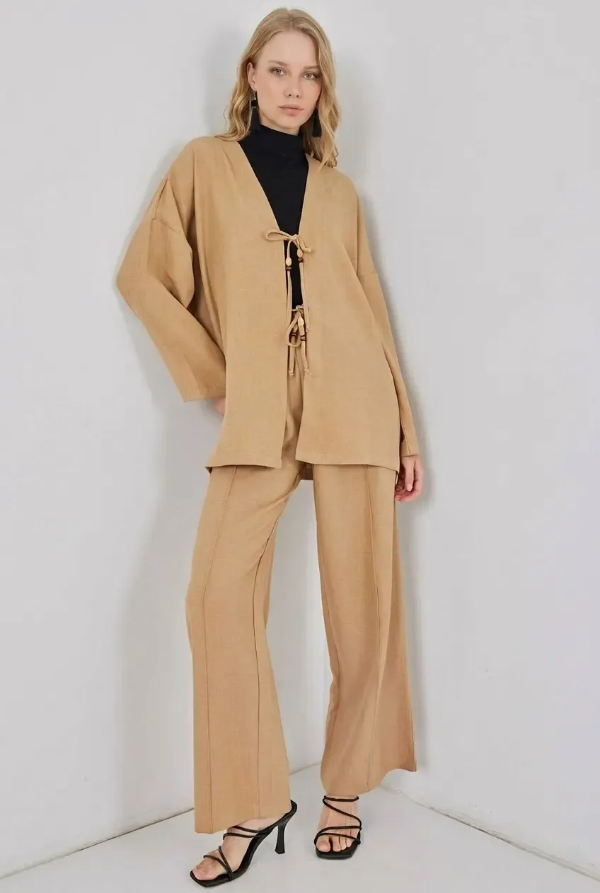Kadın Bej Keten Bağlama Detaylı Kimono Pantolon İkili Takım HZL26S-BD167271