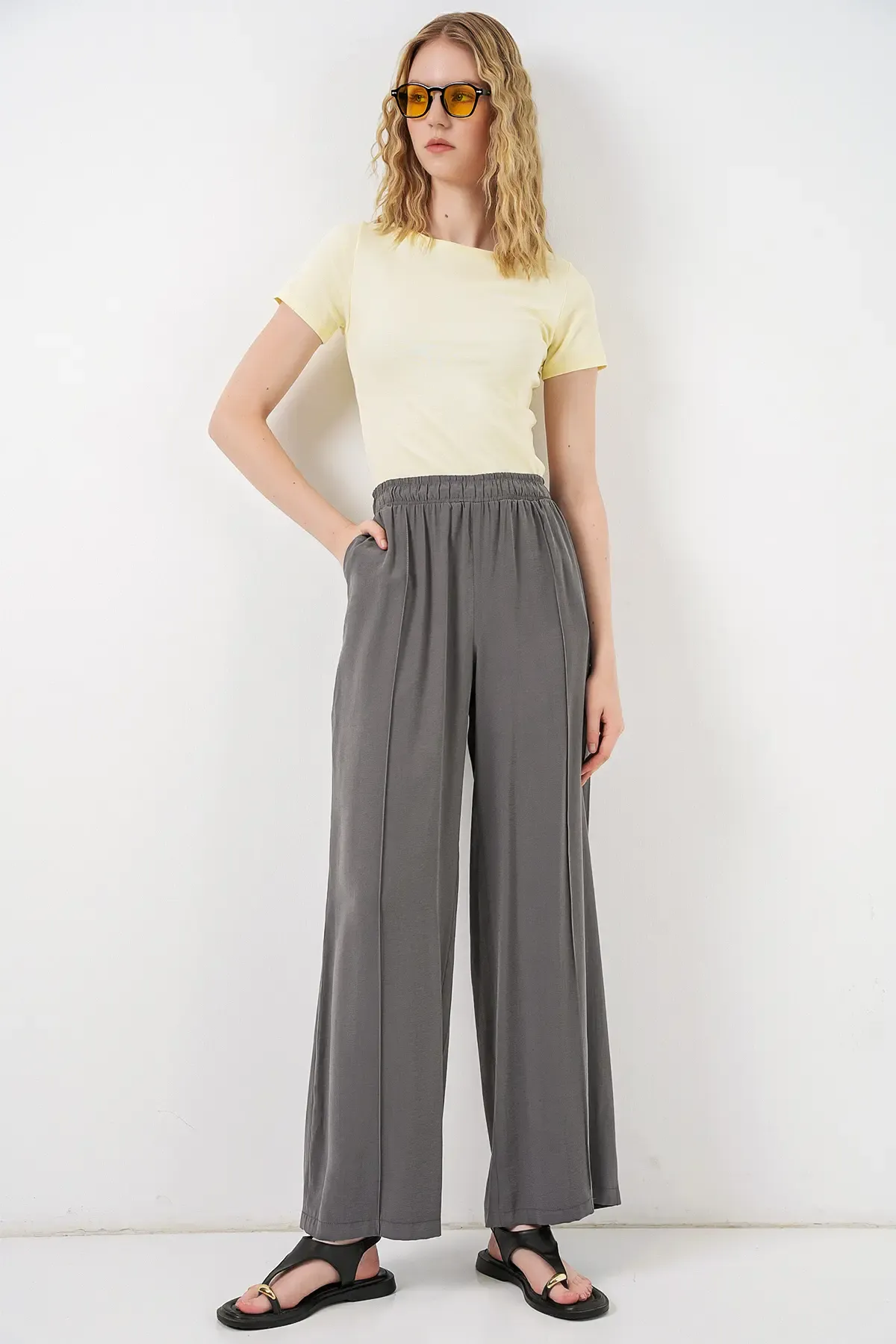 Kadın Beli Lastikli Bol Paça Pantolon 30087 - Antrasit
