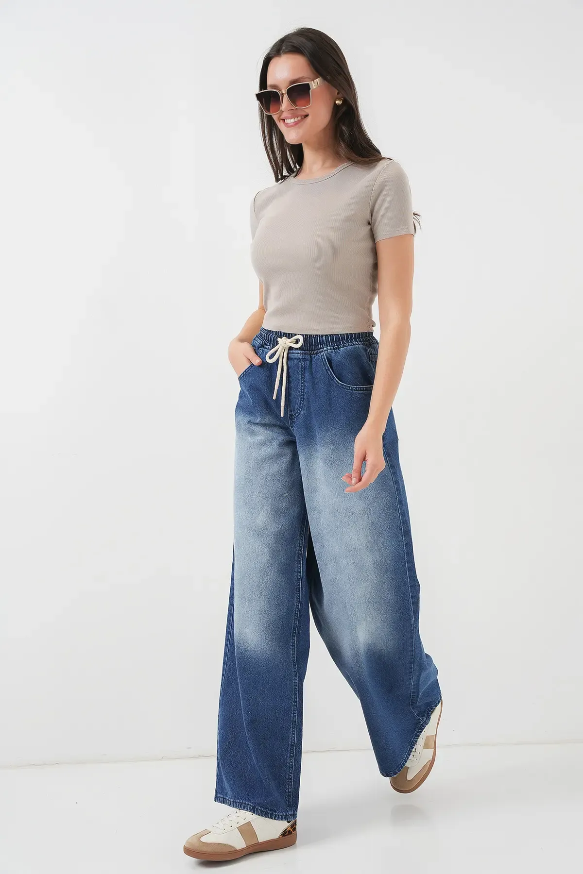 Kadın Bol Paça Kot Pantolon 6705 - Lacivert